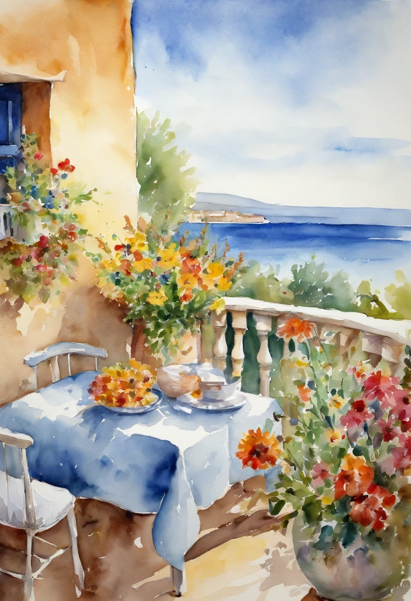 Sunny weather, Bright blue sky, View from the balcony of the sea with small waves. There is a table on the balcony, covered with a tablecloth, On the table is a bouquet of wildflowers in a simple vase.