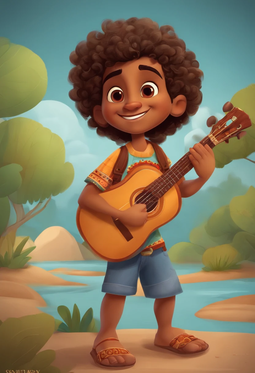 crie um banner no estilo Pixar. A boy with Indian features, moreno pardo com cabelos curtos, Castanhos escuros, Curly and slightly grayish appearance, mas jovem, usando uma camiseta, Wearing jeans and holding a classical guitar with 7 strings.