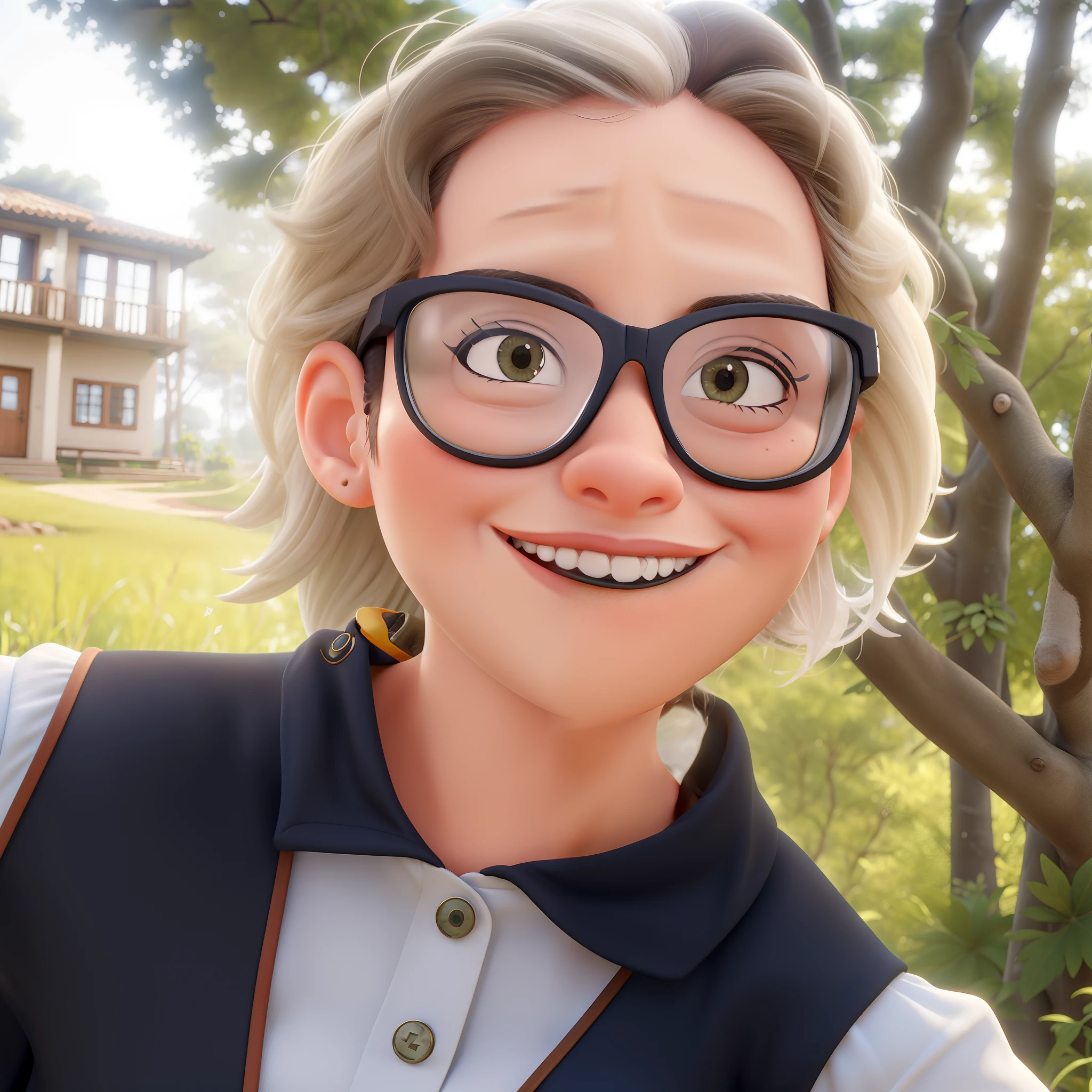 Mulher loira feliz, professora, wearing goggles, e avental no bosque, escola ao fundo.