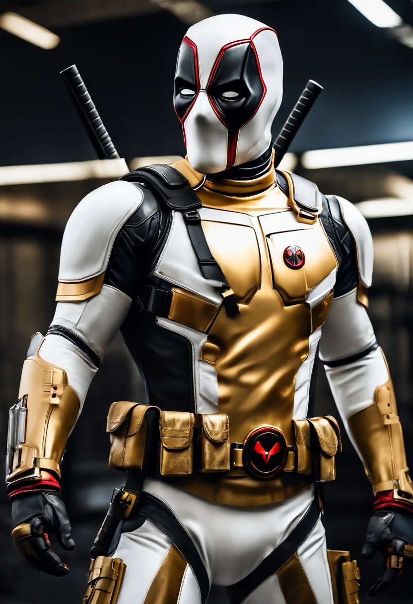 A deadpool, shiny white and gold armor, realistic and white location background, details of the white and gold armor suit, the white and gold suit itself, accurate and realistic image details.