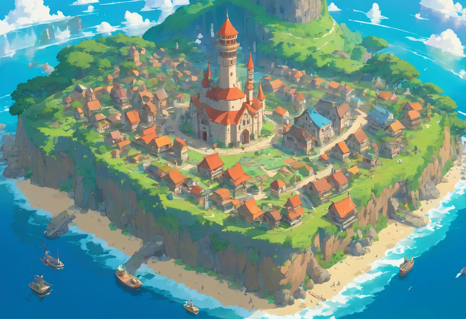 ilha cercada por mares e praias, reino medieval, fantasia antiga, mapa altamente detalhado, Mapa de Altura, monumento feito de pedras e runas centralizado, com muitas casas, fauna e flora, Camera isometric view, Um mundo encantado, jogo de 8 bits, arte oficial altamente detalhada, mundo perfeito, diminuir o zoom de corpo inteiro, O mapa mundial de o metaverso poket.
It has an area of 500 meters x 500 meters.