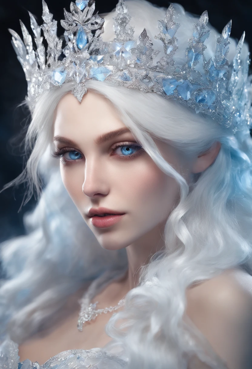 White-haired ice queen with beautiful, white eyes, with a serious look looking at the fourth wall, sitting on an ice throne wearing a blue dress