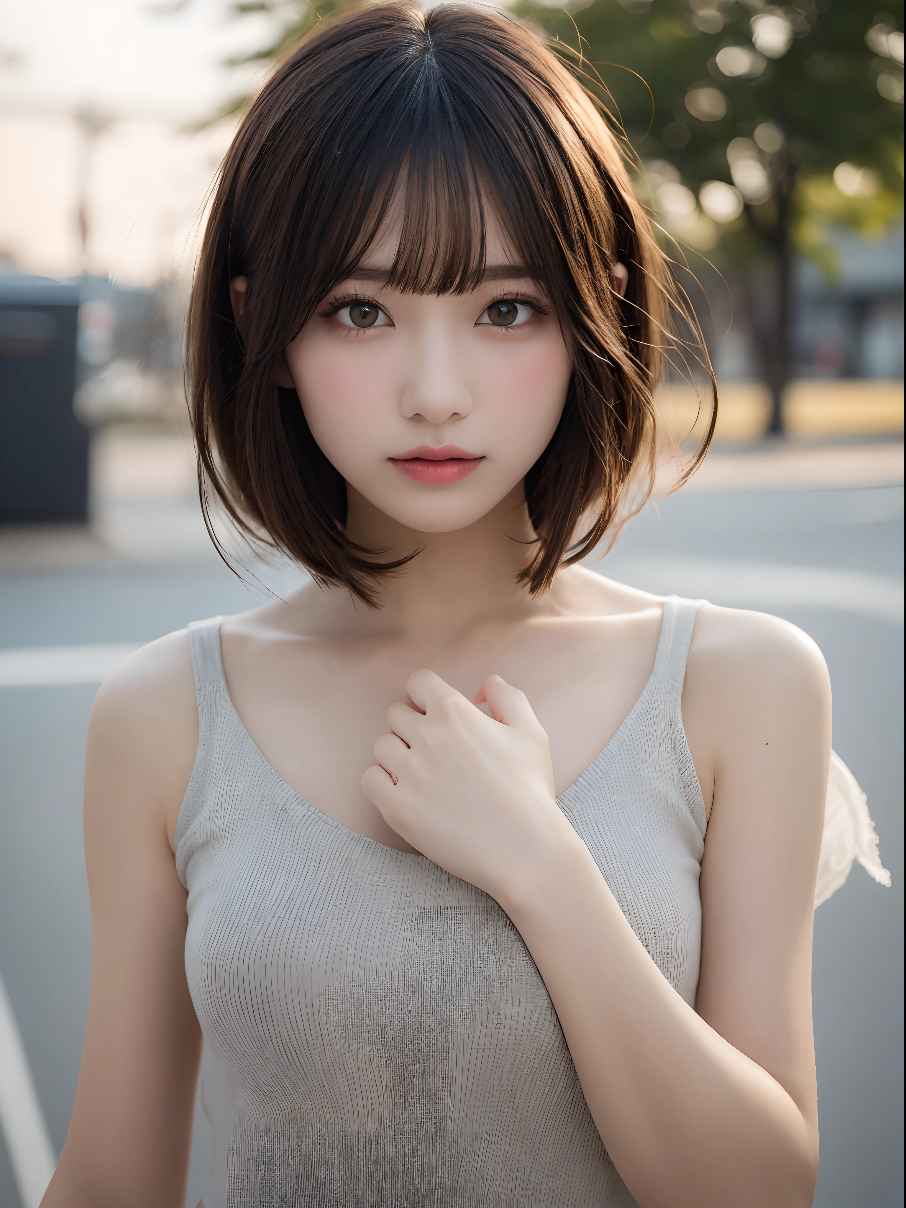 Detailed details,、hight resolution、hightquality、Perfect dynamic composition、Beautiful detailed eyes、short-hair、Small breasts、Natural Color Lip、Kamimei、Shibuya、20 years girl、1 persons、Transparent skin、Glowing hair、masutepiece、Best Quality、finely detail、hight resolution、8K、The correct state of the human body、randome pose、Gravure Model Pose、Hair soaring in the wind