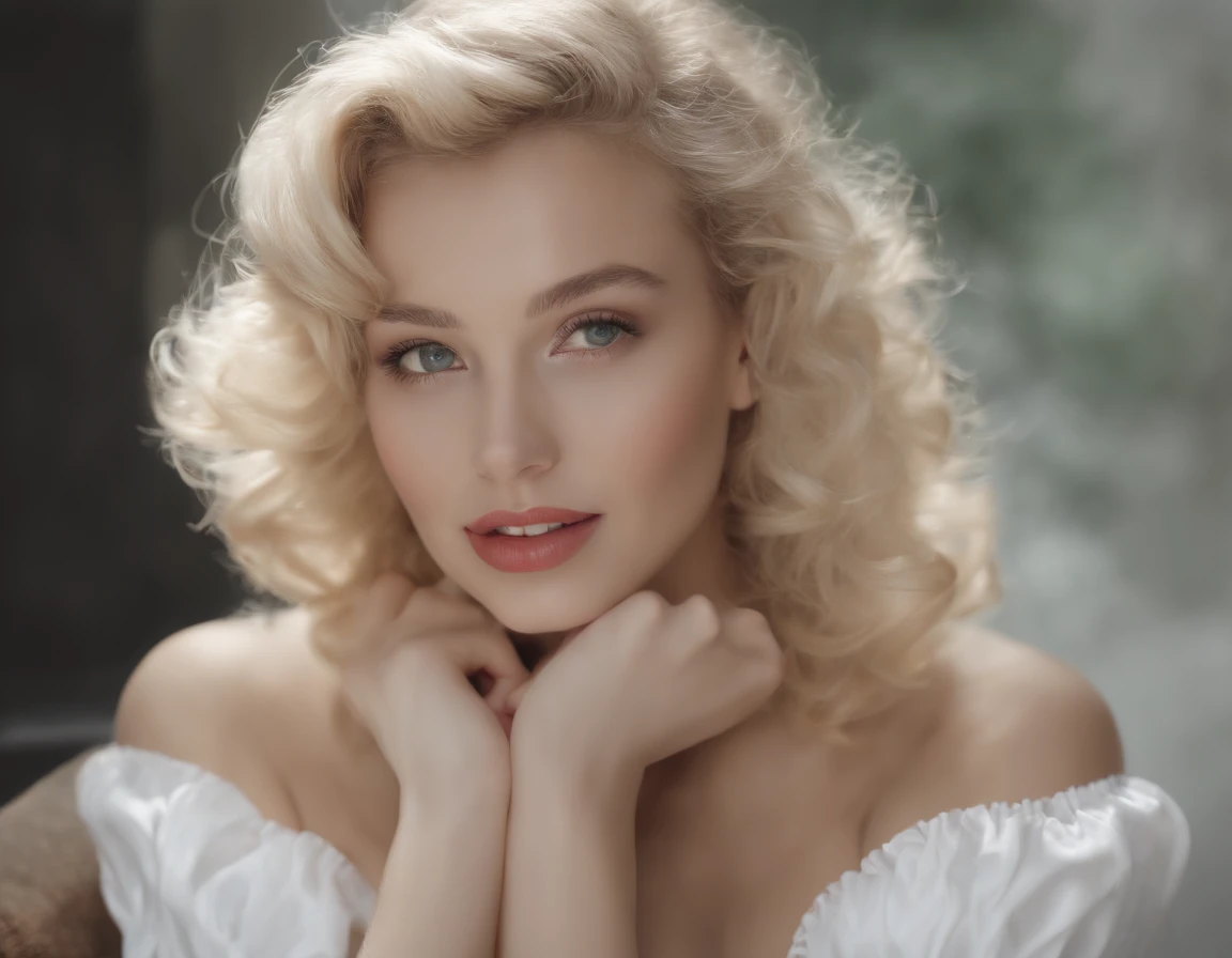 (8K, RAW shot, Highest Quality, masutepiece), High Definition RAW Color Pro Photos, (Realistic, Photorealism:1.37), (Highest Quality), (Highest shadow), (The best illustrations), (reality: 1.2), Distant view, (intricate-detail), 1 person, femele, 20 years old, Incredibly beautiful girl, Perfect Anatomy, Perfect proportions, Perfect face, Strong brightness on the face, Facial details, (Girl's eyes staring at one viewer: 1.55), (blondehair: 1.45)、Classic ta Costume、Extraordinary beauty、smil、Slimed、Marilyn Monroe、White background、um Home Detetive、conceptual art, Realism, godrays, Film Lighting, canon, high detailing, High quality, High Definition , 16K resolution, Center, Full body portrait,full body Esbian,