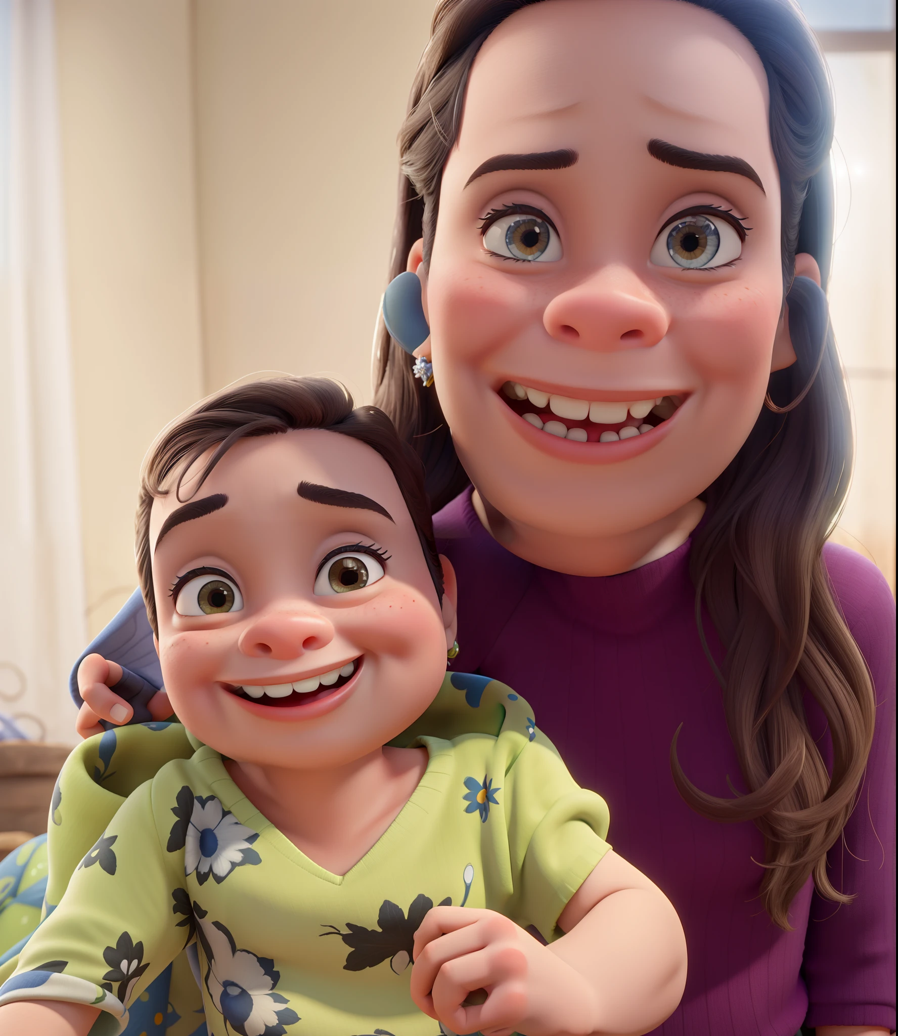 Uma mulher segurando um menininho sorrindo, in great quality and definition in the Disney Pixar style