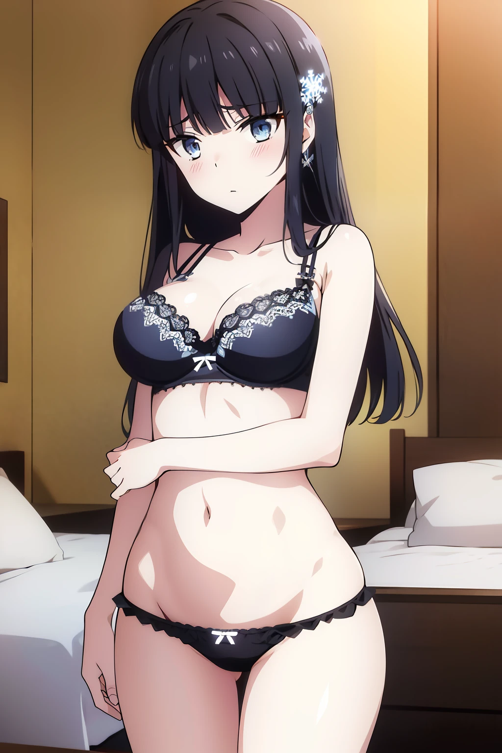 Miyuki, 1girl in, Solo, long_hair, Bangs, Blue_Eyes, Black_hair, hair_ornament detached, blunt_Bangs, Yuki, Snowflake_hair_ornament detached、Look at viewers、embarrassed, Blushing, ,(black panties:1.3),(Black bra:1.3),(Bedroom:1.3)、thighs thighs thighs thighs、cowboy  shot、Bare neck、Bare arms、bare shoulders​、bare elbows、Bare hands、Naughty big、large full breasts、