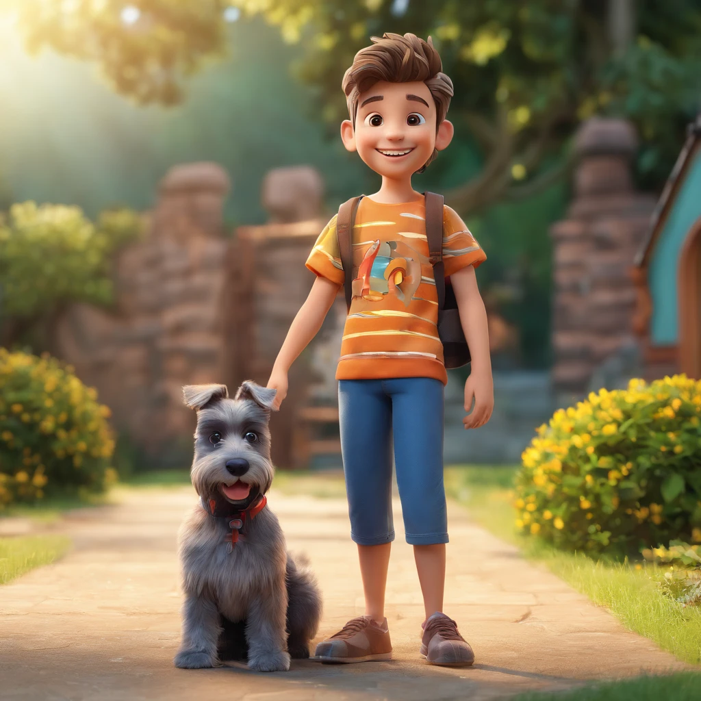 Lucas is a smiling 5-year-old human boy, com seu fiel amigo, parafuso, o cachorro schnauzer, deitados no jardim
