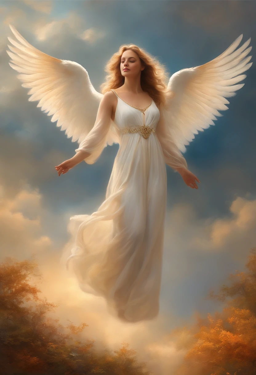 Women with Agnes Cecil, Brilliant design, PastelColors, ink drops, The highest quality of autumn light,4K,8K,alto,Master Parts:1.2,ultra-detailliert,(an oil painting:1.37),Angel Descent,Illustration,Heavenly Light,Ethereal,saddened,Soft colors,Angel Wings,glowing aura,serene expressions,Endless sky,Harmonia,gentle wind,Silhouette of clouds,Sunlight shining through the clouds,peaceful ambiance,The beauty of God,Supernatural elements,Graceful movement,Magic Spark,Floating Shapes,Elation,Joyful energy,Sense of Wonder,Um ser celestial,dreamlike landscape,placid,Luminous Effect,Celestial Choir,celestial landscape,Uplifting emotions,The spiritual realm,Angelic Beings