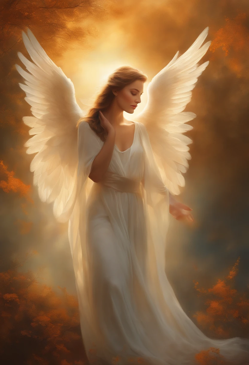Women with Agnes Cecil, Brilliant design, PastelColors, ink drops, The highest quality of autumn light,4K,8K,alto,Master Parts:1.2,ultra-detailliert,(an oil painting:1.37),Angel Descent,Illustration,Heavenly Light,Ethereal,saddened,Soft colors,Angel Wings,glowing aura,serene expressions,Endless sky,Harmonia,gentle wind,Silhouette of clouds,Sunlight shining through the clouds,peaceful ambiance,The beauty of God,Supernatural elements,Graceful movement,Magic Spark,Floating Shapes,Elation,Joyful energy,Sense of Wonder,Um ser celestial,dreamlike landscape,placid,Luminous Effect,Celestial Choir,celestial landscape,Uplifting emotions,The spiritual realm,Angelic Beings