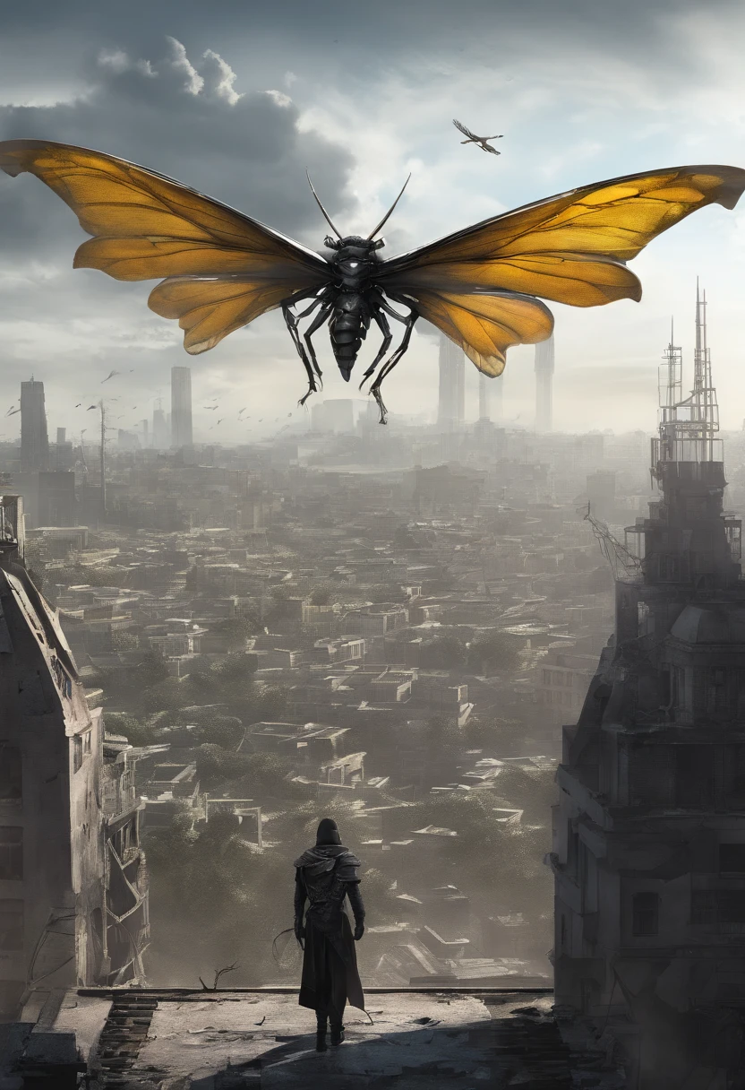 HD clear, best images, illustration quality, super detailed, butterfly monster, skinny shape, wasp-like monster, yellow and black scale covering the whole body, big leafs running through the body, tail with vine at the end, sharp claws and fangs, rainbow wings, perfect body shape, destroying a city, with a ruined city in the background ((concept art))