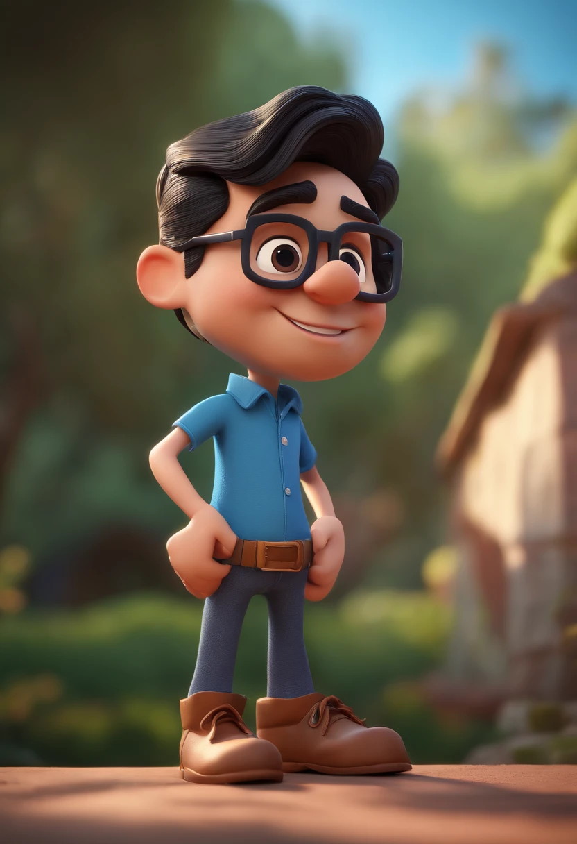 Cartoon character of a man with black glasses and a blue shirt, animation character, Caractere estilizado, animation style rendering, 3D estilizado, Arnold Maya render, 3 d render stylized, toon render keyshot, Personagem 3D, Personagem 3D, 3d rendering stylized, 3 d character render, personagem de desenho animado, Personagem de close up, Pose de personagem, (Estilo Pixar) (master part:1.2) (Bokeh) (best quality) (pele detalhada) (textura detalhada) (8k) (argila) (Cinematic lighting) (foco nítido