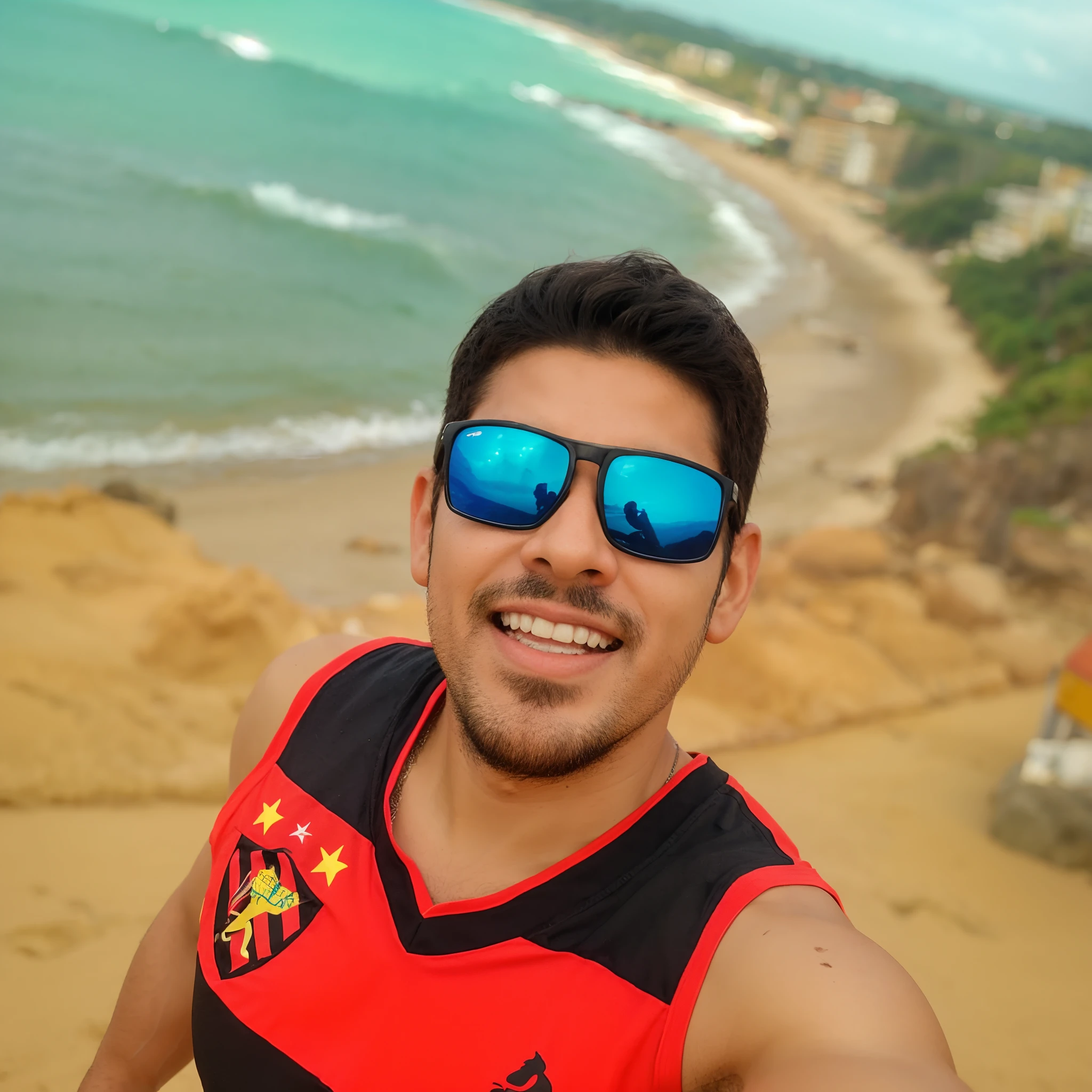 Uma selfie de um homem com a praia ao fundo tirada de uma montanha