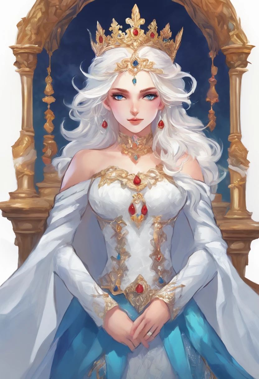 White-haired ice queen with beautiful, white eyes, with a serious look looking at the fourth wall, sitting on an ice throne wearing a blue dress And a small golden crown with a ruby in the middle