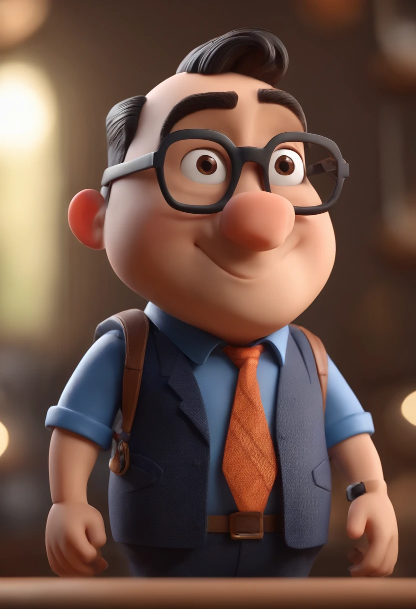 Cartoon character of a man wearing black glasses and a blue shirt, um personagem animado, Caractere estilizado, animation style rendering, 3D estilizado, Arnold Maya render, 3 d render stylized, toon render keyshot, Personagem 3D, Personagem 3D, 3d rendering stylized, 3 d character render, personagem de desenho animado, Personagem de close up, Pose de personagem, (Estilo Pixar) (master part:1.2) (Bokeh) (best quality) (pele detalhada) (textura detalhada) (8k) (argila) (Cinematic lighting) (foco nítido,Senta e vaza a parte superior do corpo