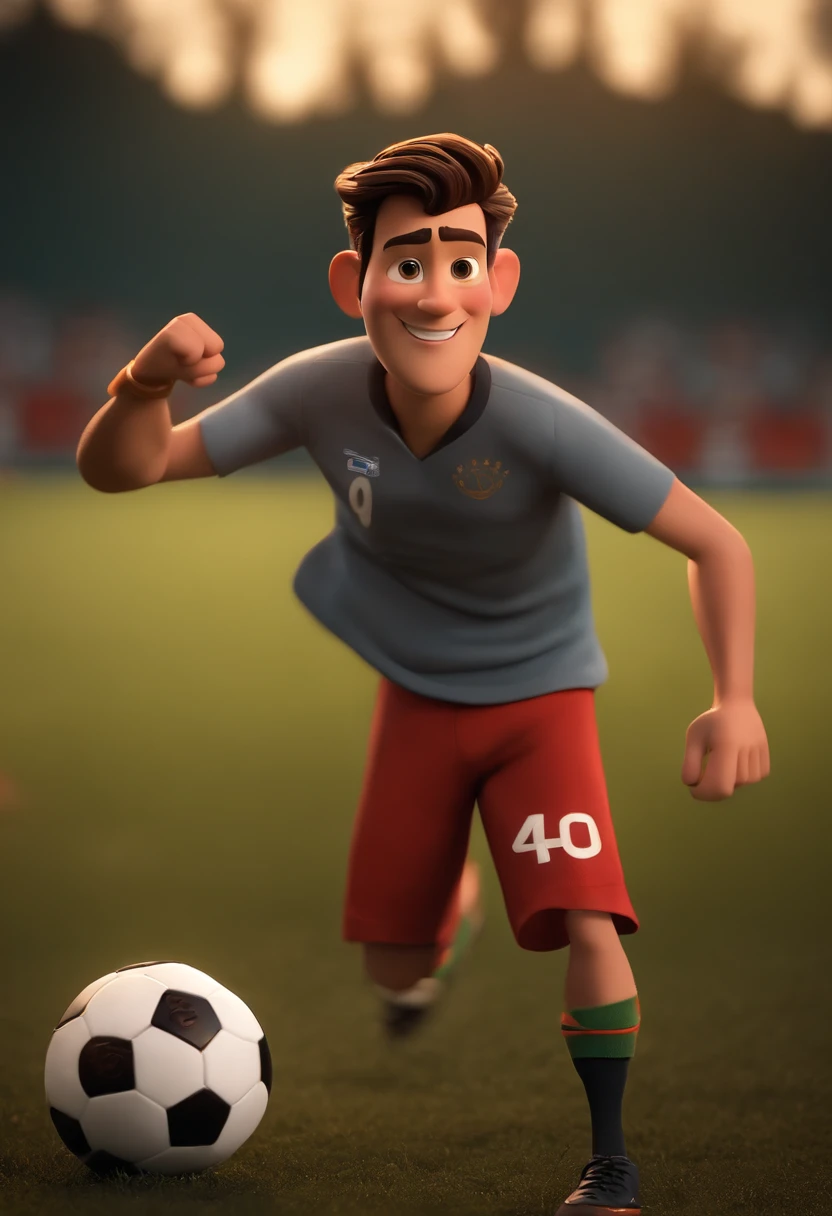 Homem, estilo disney, tom de pele: pardo: Cabelo: marrom escuro, liso, bem curto, Hairstyle back. camiseta: vermelha e preta com listas horizontais. Fundo: football,Comemorando, Hands raised, sorrindo, feliz, (estilo pixar) (obra-prima:1.2) (bokeh) (melhor qualidade) (pele detalhada) (textura detalhada) (8k) (claymation) (cinematic lighthing) (foco nítido