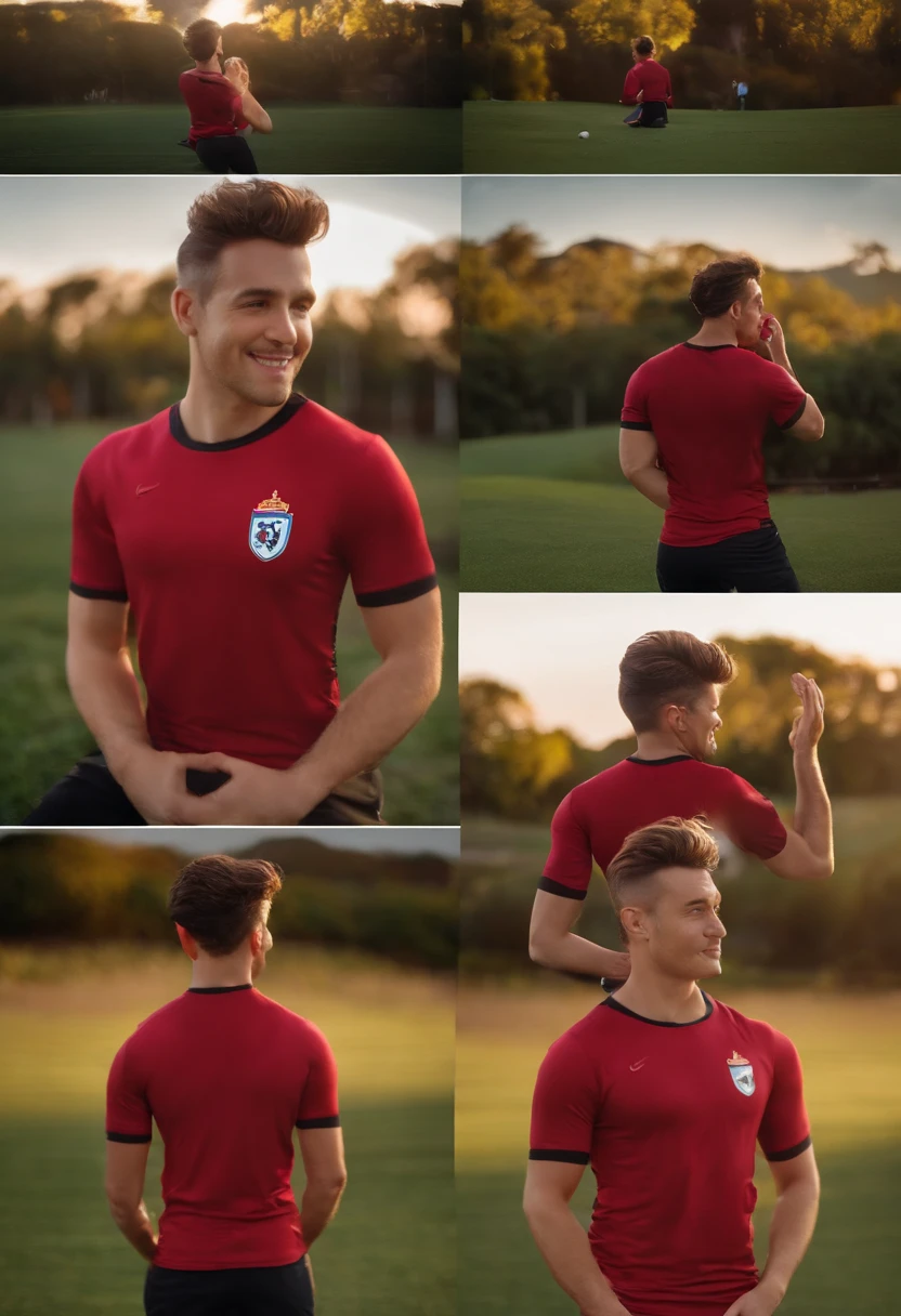 Homem, estilo disney, tom de pele: pardo: Cabelo: marrom escuro, liso, bem curto, Hairstyle back. camiseta: vermelha e preta com listas horizontais. Fundo: football,Comemorando, Hands raised, sorrindo, feliz, (estilo pixar) (obra-prima:1.2) (bokeh) (melhor qualidade) (pele detalhada) (textura detalhada) (8k) (claymation) (cinematic lighthing) (foco nítido