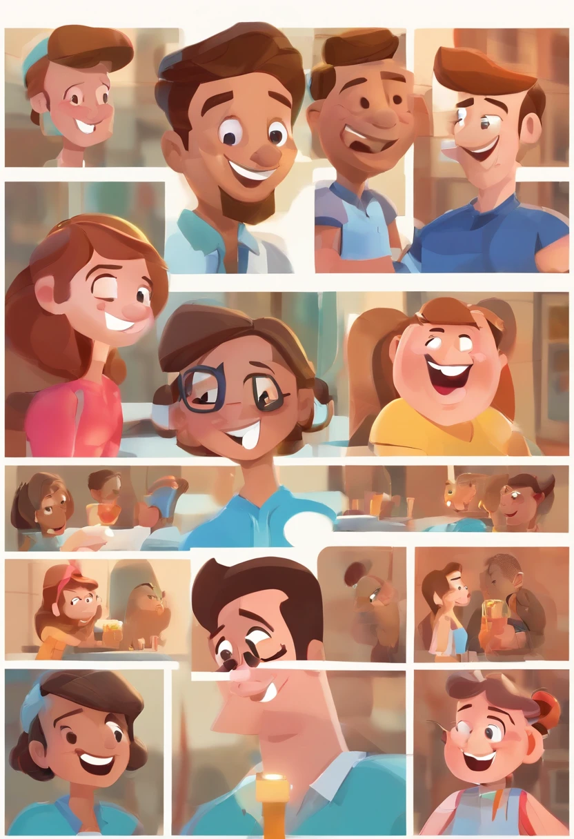 An illustration of an adorable couple, Highlight for a chubby mulatto man with glasses smiling and a brunette woman with beautiful expressive eyes - the man's skin is mulatto and the man's hair haswhile the woman's skin is black and the woman's hair is straight and brown. They are a bright room, cada um com um sorriso no rosto, e compartilhar um momento especial caracterizado pelo amor, Insights. Illustrate this scene from a perspective where they are facing the camera, Smiling and Showing Your Connection. Desenvolva esta arte em Full HD, Focus on your cinematic touch, Estilo Disney Pixar Animations
