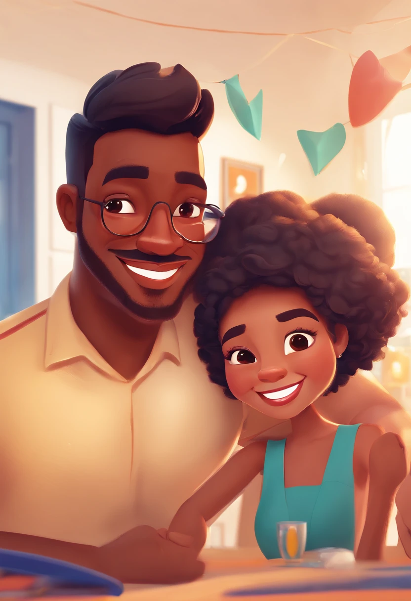 An illustration of an adorable couple, Highlight for a chubby mulatto man with glasses smiling and a brunette woman with beautiful expressive eyes - the man's skin is mulatto and the man's hair haswhile the woman's skin is black and the woman's hair is straight and brown. They are a bright room, cada um com um sorriso no rosto, e compartilhar um momento especial caracterizado pelo amor, Insights. Illustrate this scene from a perspective where they are facing the camera, Smiling and Showing Your Connection. Desenvolva esta arte em Full HD, Focus on your cinematic touch, Estilo Disney Pixar Animations