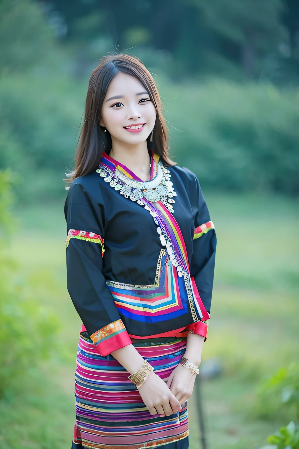 a woman in a colorful dress standing in a field, traditional tai costume, traditional clothes, traditional dress, traditional clothing, traditional beauty, wearing an elegant tribal outfit, traditional costume, chinese woman, tribal clothing, wearing authentic attire, sukhothai costume, chinese girl, in style of lam manh, wearing beautiful clothes, traditional chinese clothing, ruan jia beautiful!