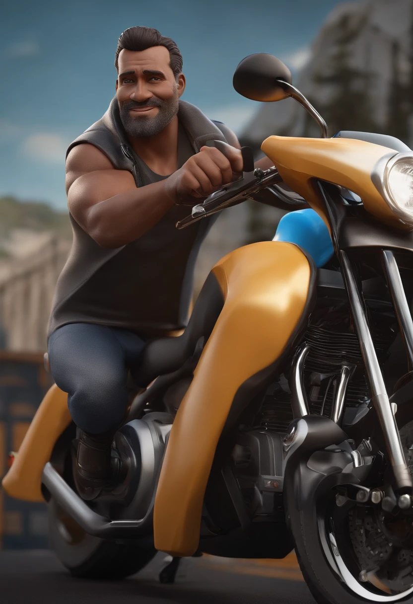 Personagem de desenho animado de um homem 34 anos usando colete de moto clube, barba preta , cabelo curto, grisalho e azul, um personagem animado, Caractere estilizado, animation style rendering, 3D estilizado, Arnold Maya render, 3 d render stylized, toon render keyshot, Personagem 3D, Personagem 3D, 3d rendering stylized, 3 d character render, personagem de desenho animado, Personagem de close up, Pose de personagem, (Estilo Pixar) (master part:1.2) (Bokeh) (best quality) (pele detalhada) (textura detalhada) (8k) (argila) (Cinematic lighting) (foco nítido,Senta e vaza a parte superior do corpo