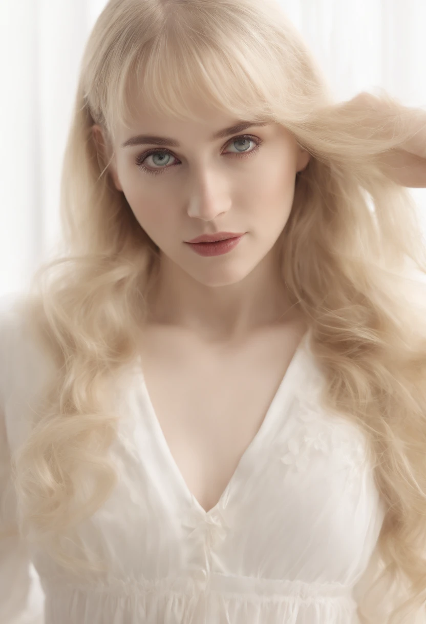 (8K, RAW shot, Highest Quality, masutepiece), High Definition RAW Color Pro Photos, (Realistic, Photorealism:1.37), (Highest Quality), (Highest shadow), (The best illustrations), (reality: 1.2), Distant view, (intricate-detail), 1 person, femele, 20 years old, Incredibly beautiful girl, Perfect Anatomy, Perfect proportions, Perfect face, Strong brightness on the face, Facial details, (Girl's eyes staring at one viewer: 1.55), (long hair loss, Blonde hair, Parted bangs: 1.45)、Classic ta costume in pastel colors、Extraordinary beauty、smil、Slimed、Pull the skirt up to the waist、White background、um Home Detetive、conceptual art, Realism, godrays, Film Lighting, canon, high detailing, High quality, High Definition , 16K resolution, Center, Full body portrait,full body Esbian,