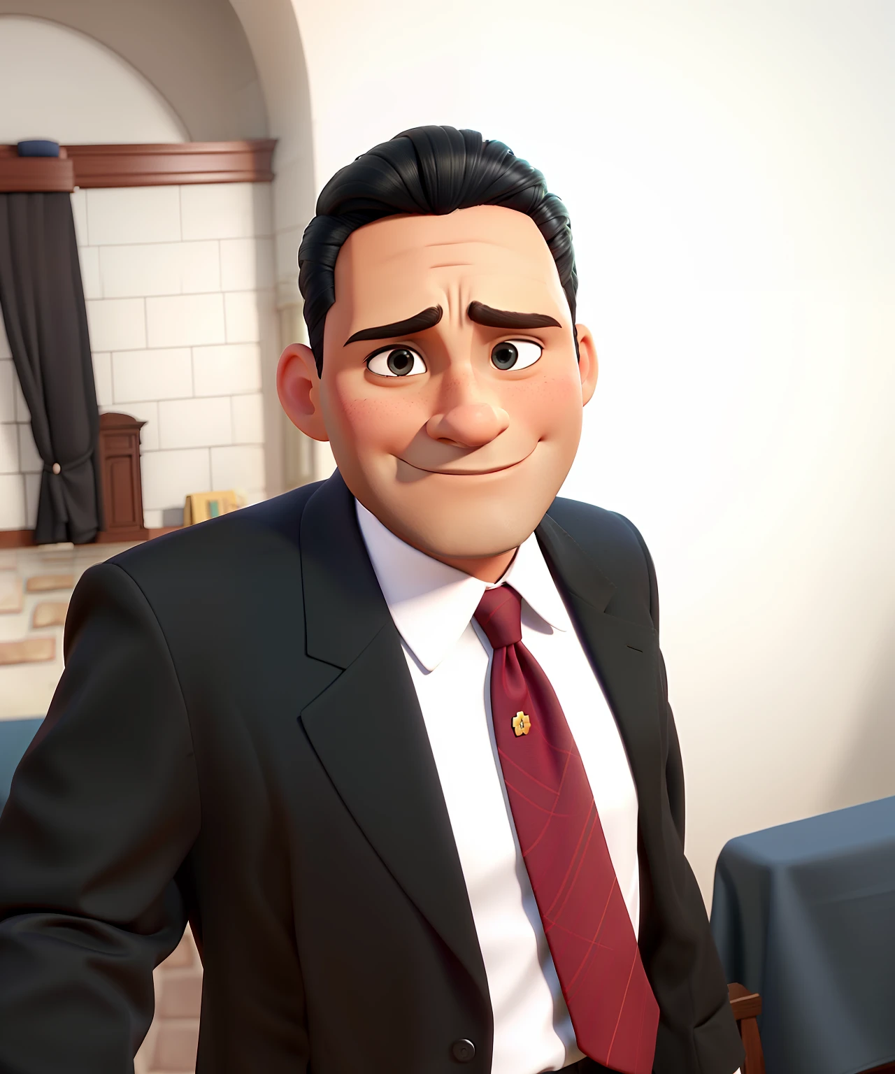 Capa de filme estilo Disney, um homem preto com olhos castanhos de terno, Pele escura e cabelos curtos liso penteado para o lado, In the background put a crowd of people in a church