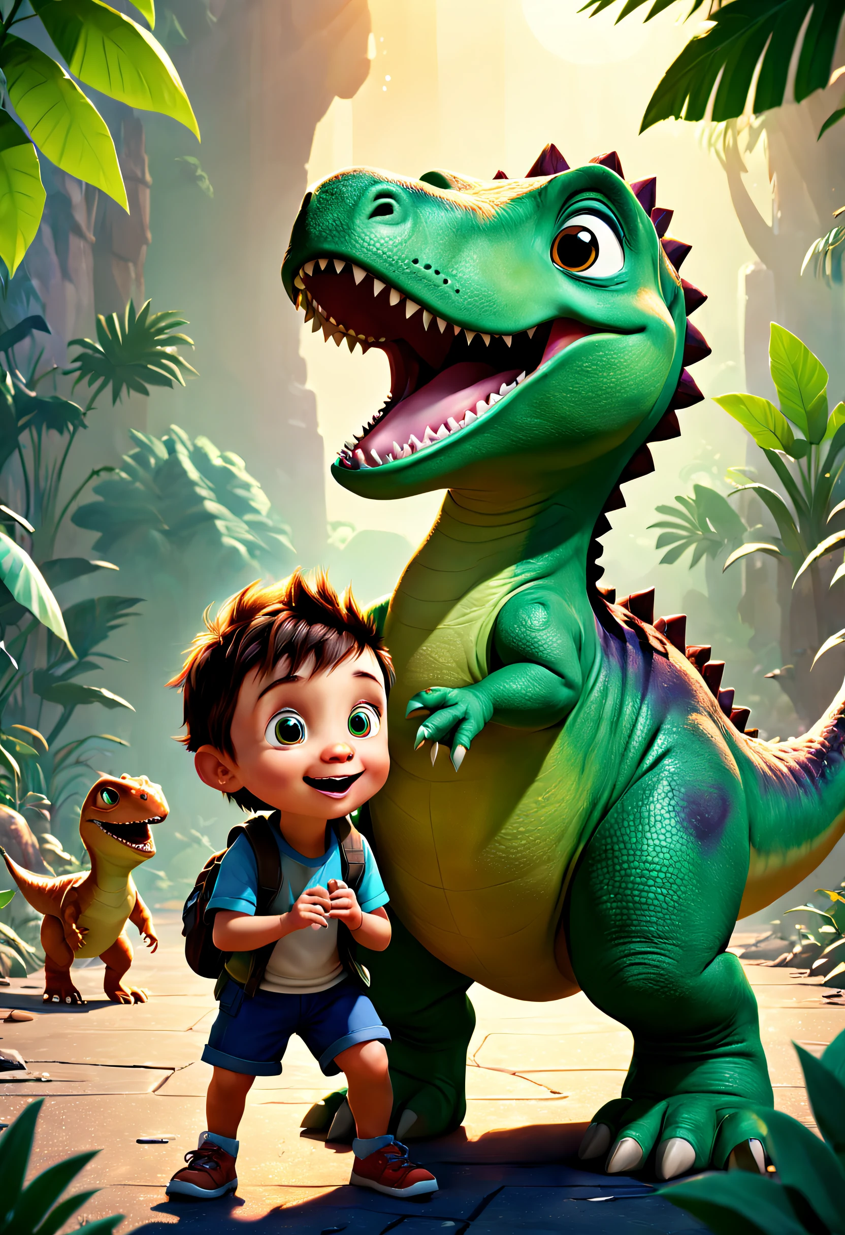 A disney pixar style image, A fierce dinosaur, in the middle of the roar, a boy, dark brown hair, shaved on the side, very short, round eyes, calmly smiles, dressed in a hunter's uniform, implicit imminent danger in the background of the prehistoric forest, dinosaur warning signs abound, long shadows cast by the blazing prehistoric sun, chaos erupts in the undergrowth as smaller creatures race across the cover, digital painting, Disney Pixar style ultra-realistic, dynamic angles, intense atmosphere, vivid colors.