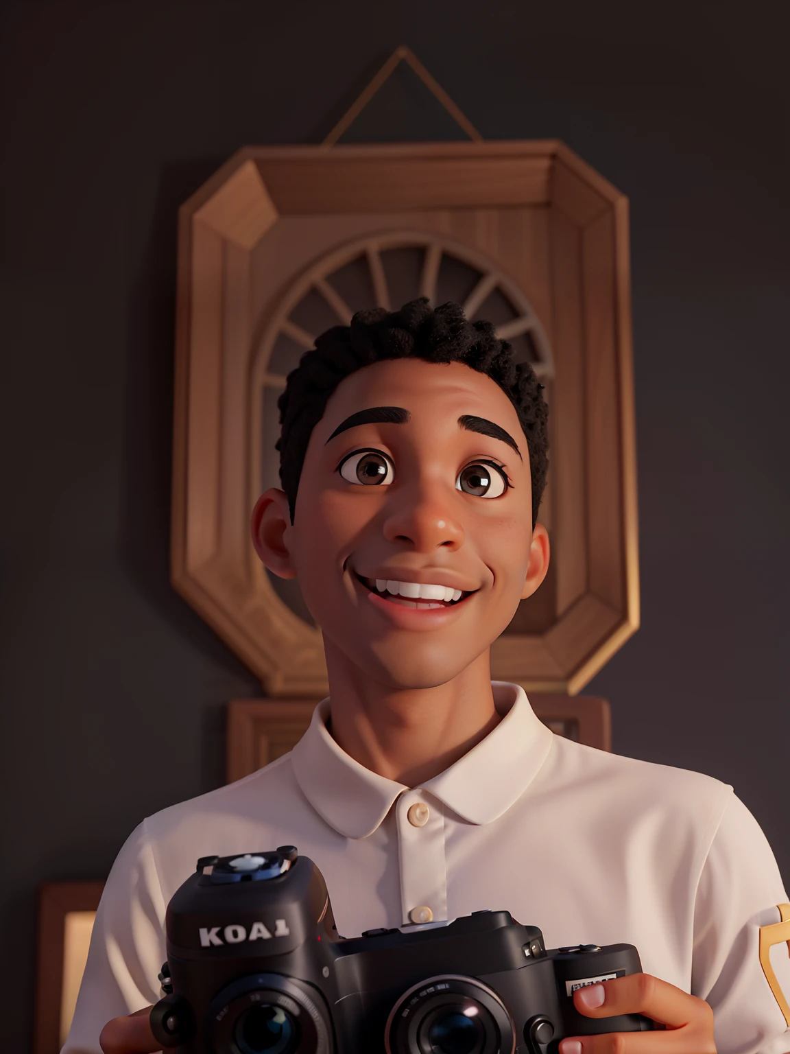 Make an image that is exactly the same as this example. black skin, curly hair, Please render in typical Disney Pixar style, smiling into camera. Sharp and detailed, 8k, hyper realistic, Kodak 200T, dramatic lighting, minimalist background