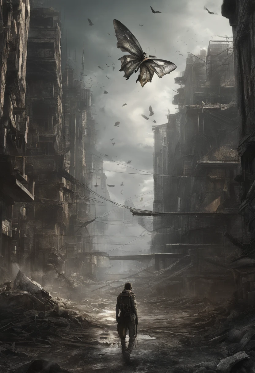 HD clear, best images, illustration quality, super detailed, butterfly monster, skinny shape, wasp-like monster, yellow and black scale covering the whole body, big leafs running through the body, tail with vine at the end, sharp claws and fangs, rainbow wings, perfect body shape, destroying a city, with a ruined city in the background ((concept art))