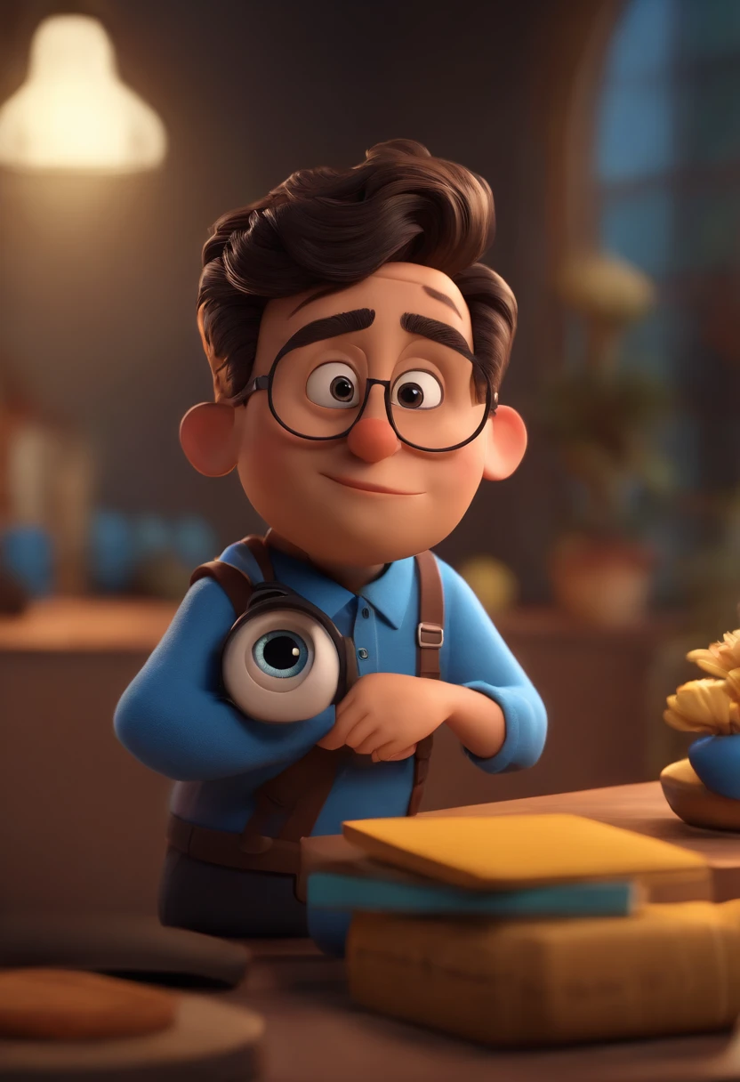 Cartoon character of a man wearing black glasses and a blue shirt, um personagem animado, Caractere estilizado, animation style rendering, 3D estilizado, Arnold Maya render, 3 d render stylized, toon render keyshot, Personagem 3D, Personagem 3D, 3d rendering stylized, 3 d character render, personagem de desenho animado, Personagem de close up, Pose de personagem, (Estilo Pixar) (master part:1.2) (Bokeh) (best quality) (pele detalhada) (textura detalhada) (8k) (argila) (Cinematic lighting) (foco nítido，Senta e vaza a parte superior do corpo