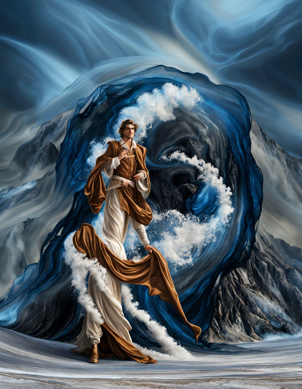 A male witch made of sand and foam wears marine haute couture,
Blue Jupiter gas swirls like sand, swirling sand and foam, Blue foam
revolve,marbled swirls, The texture is like sand, Haute couture, Dust and
Bubbles in the background - AR 9:16 -- Test -- Creativity -- Upgrade