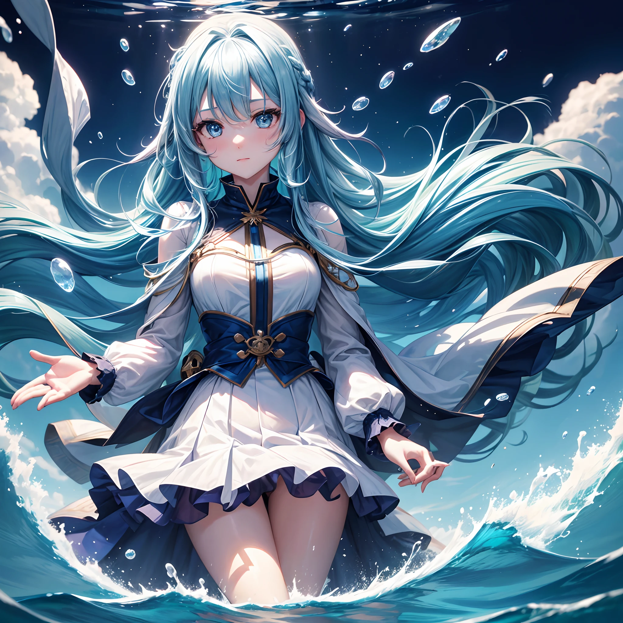 Master piece, 8k, ultra detailed, blue dress, girl, long light blue hair, navy color eyes, smiley face, full body frame, ocean wave background