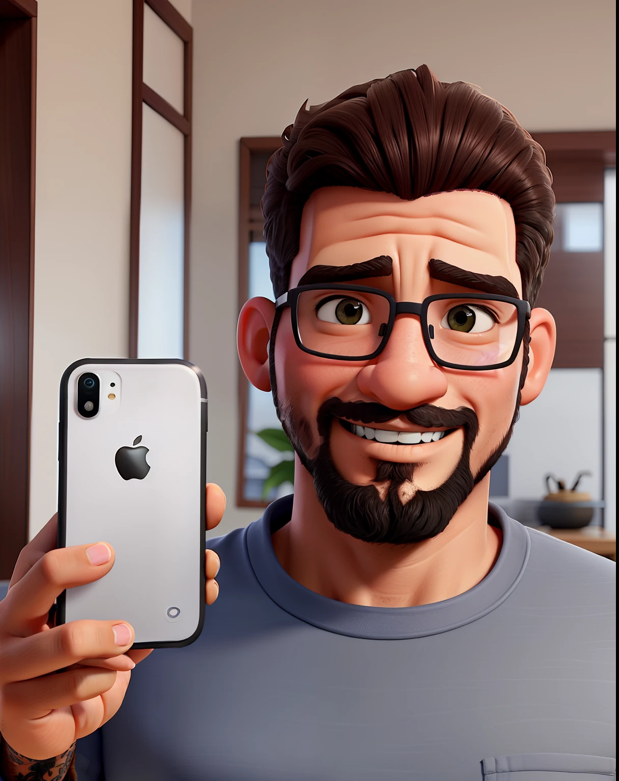Um homem careca barbudo tirando uma selfie com seu iPhone no espelho de um banheiro