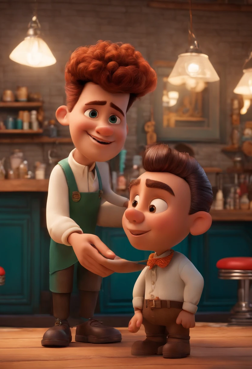 A Dream Barber Inspired by Pixar Animation, de perto. The character takes center stage with captivating facial expressions, oferecendo um toque de irrealidade, Cabelo curto e gordinho gradiente