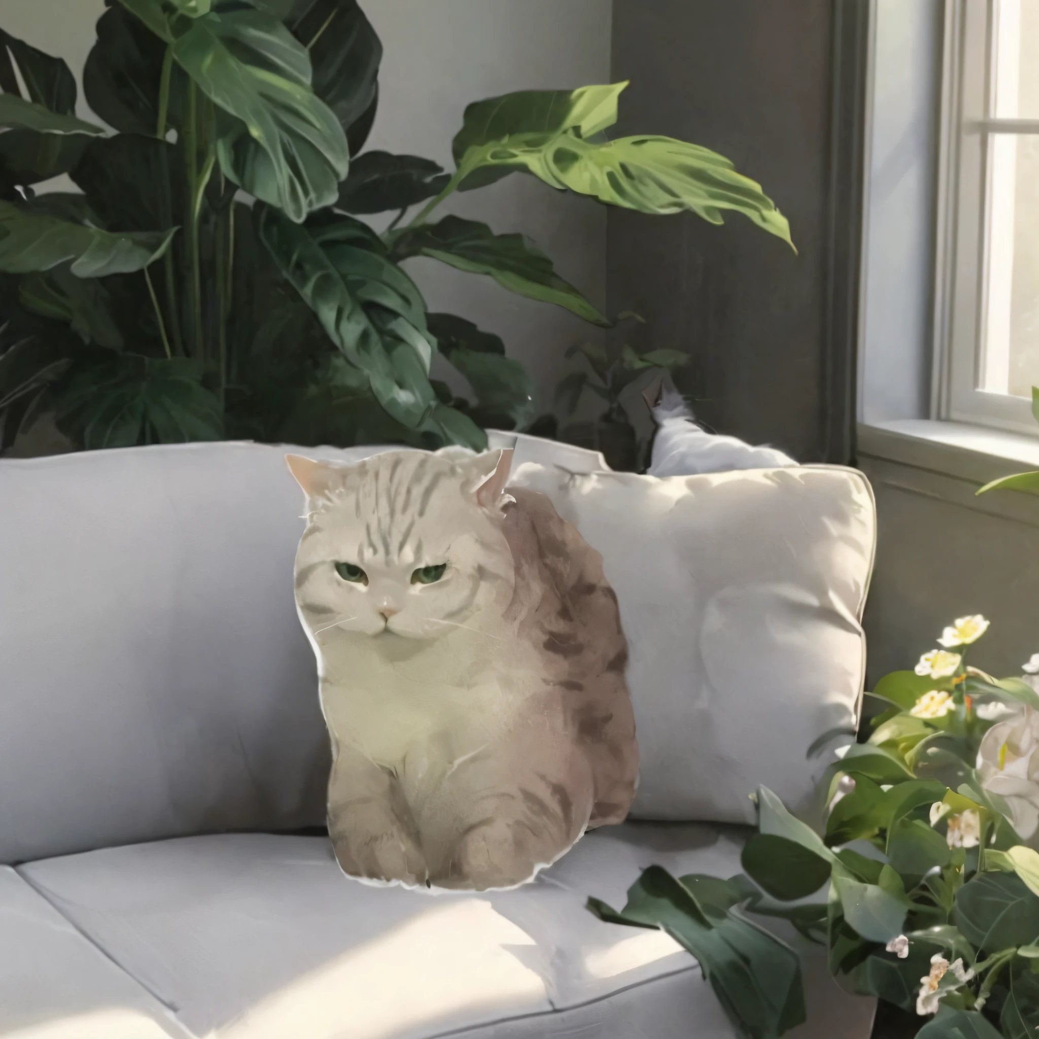 there is a cat that is sitting on a couch,There are pillows on it, cats and plants, soft but grumpy, a cat sitting in a chair, sitting in the couch, sitting in the couch, sitting in the couch, next to a plant, sad cat, sitting in the couch, really realistic, chonker cat, Sitting on the sofa, National style watercolor painting,Pale watercolor