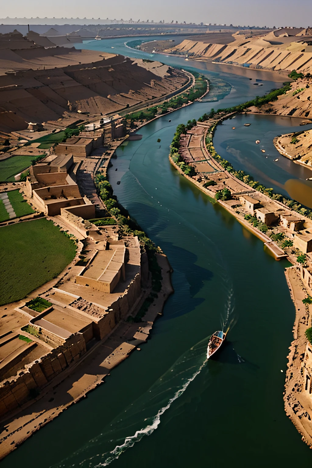 Craft an enchanting visual of the mighty Nile River winding through the Egyptian landscape, showcasing the river's importance in sustaining life and agriculture.