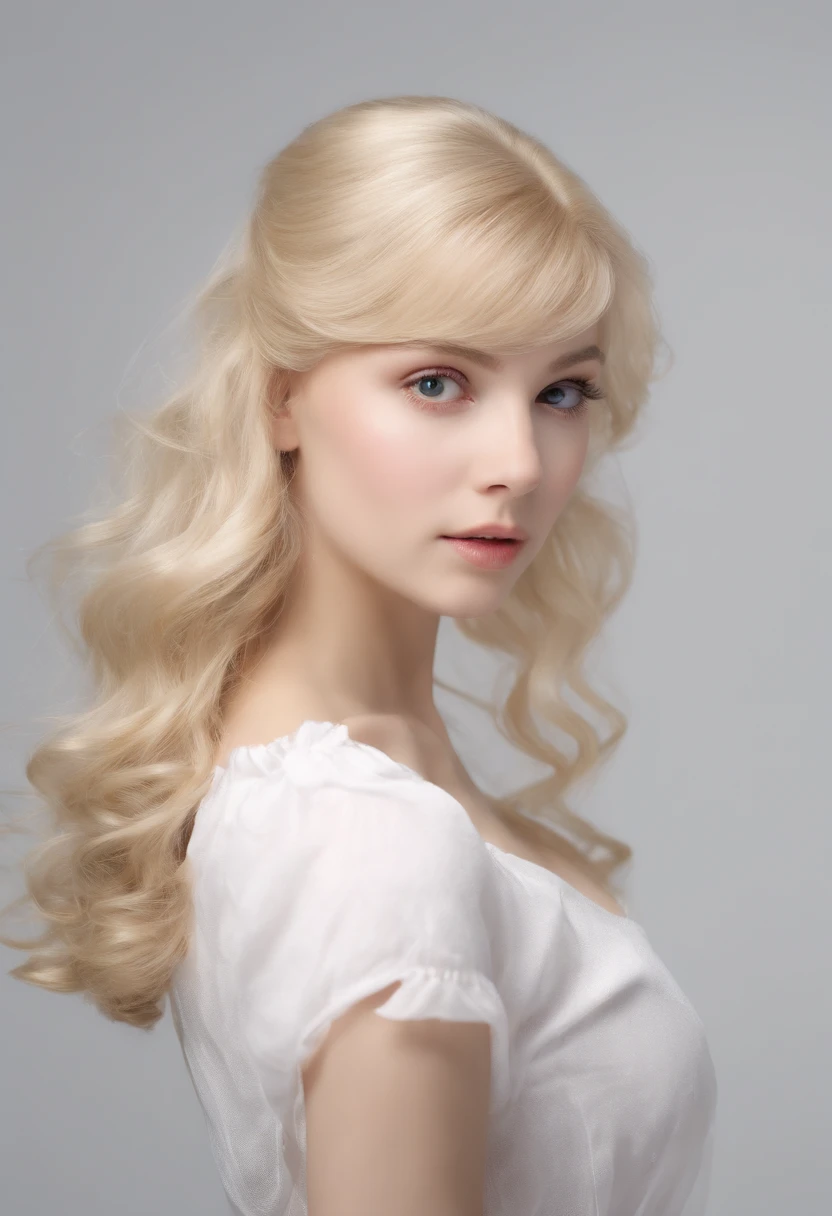 (8K, RAW shot, Highest Quality, masutepiece), High Definition RAW Color Pro Photos, (Realistic, Photorealism:1.37), (Highest Quality), (Highest shadow), (The best illustrations), (reality: 1.2), Distant view, (intricate-detail), 1 person, femele, 20 years old, Incredibly beautiful girl, Perfect Anatomy, Perfect proportions, Perfect face, Strong brightness on the face, Facial details, (Girl's eyes staring at one viewer: 1.55), (long hair loss, Blonde hair, Parted bangs: 1.45)、Classic ta costume in pastel colors、Extraordinary beauty、smil、Slimed、Pull the skirt up to the waist、White background、um Home Detetive、conceptual art, Realism, godrays, Film Lighting, canon, high detailing, High quality, High Definition , 16K resolution, Center, Full body portrait,full body Esbian,
