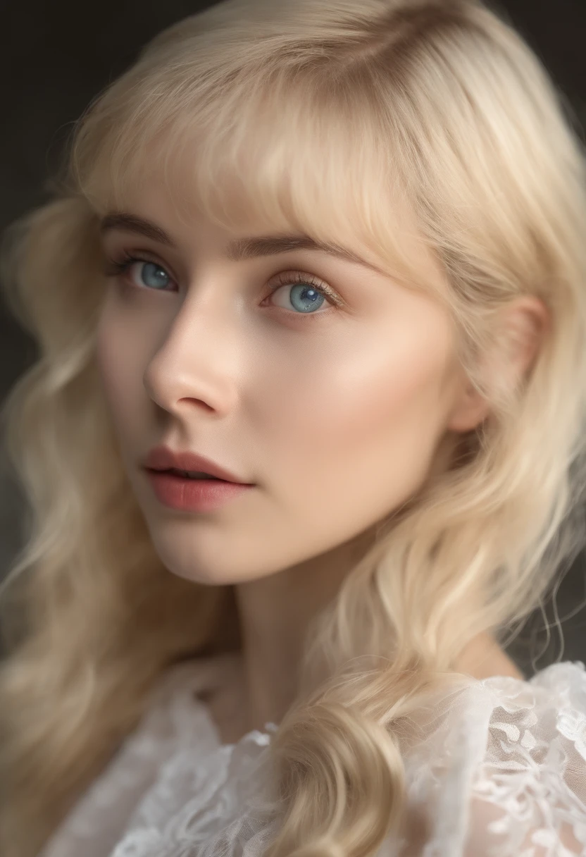 (8K, RAW shot, Highest Quality, masutepiece), High Definition RAW Color Pro Photos, (Realistic, Photorealism:1.37), (Highest Quality), (Highest shadow), (The best illustrations), (reality: 1.2), Distant view, (intricate-detail), 1 person, femele, 20 years old, Incredibly beautiful girl, Perfect Anatomy, Perfect proportions, Perfect face, Strong brightness on the face, Facial details, (Girl's eyes staring at one viewer: 1.55), (long hair loss, Blonde hair, Parted bangs: 1.45)、Classic Lolita costume in pastel colors、Extraordinary beauty、smil、Slimed、Pull the skirt up to the waist、White background、um Home Detetive、conceptual art, Realism, godrays, Film Lighting, canon, high detailing, High quality, High Definition , 16K resolution, Center, Full body portrait,full body Esbian,