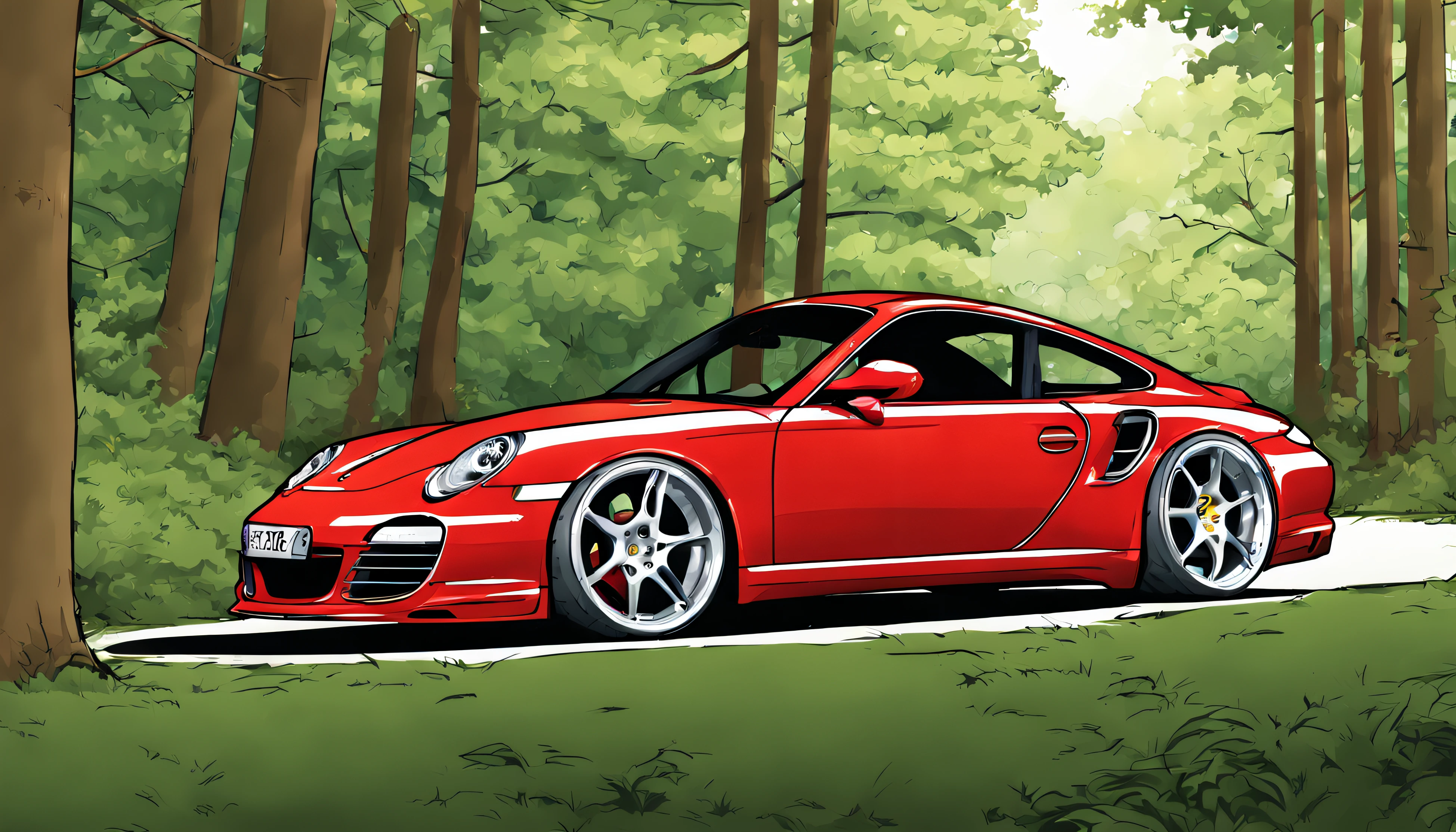 Porsche 997 rouge, roule dans une forêt, style dessin manga, couleur