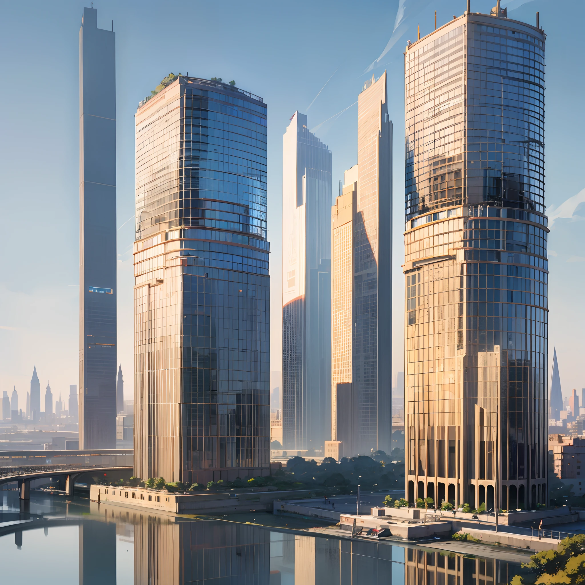 realistic, civilization, modern Egyptian architecture, year 2023, two residential towers connected via a bridge in the middle, the Nile River and Egyptian prints, architectural display, steel facades covered with reflective glass, in the background a sunny day and a sky with clouds of shadows. --auto --s2