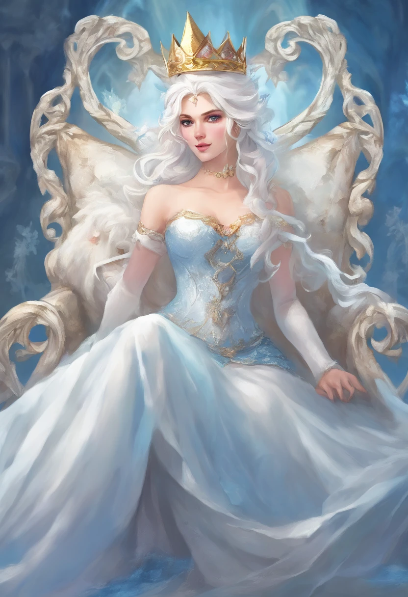 White-haired ice queen with beautiful, white eyes, with a serious look looking at the fourth wall, sitting on an ice throne wearing a blue dress And a small golden triple crown with a ruby ​​in the middle