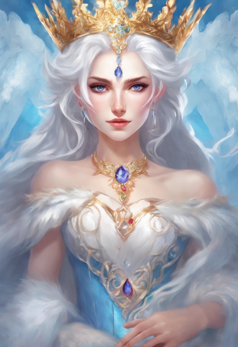 White-haired ice queen with beautiful, white eyes, with a serious look looking at the fourth wall, sitting on an ice throne wearing a blue dress And a small golden triple crown with a ruby in the middle