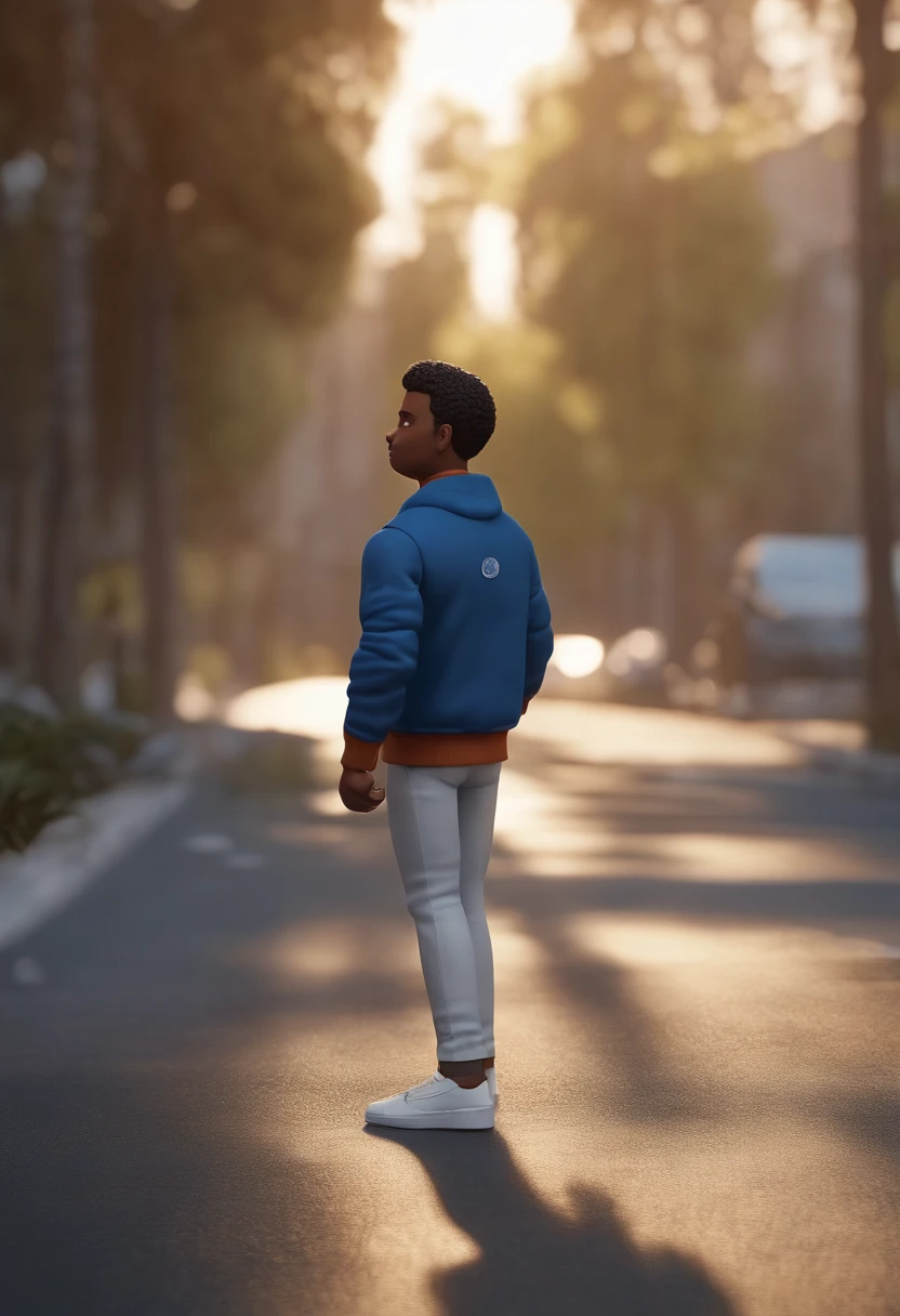Personagem de desenho animado de um homem branco de cabelos escuros cacheados, blue jacket, Black belted pants and white sneakers with a V drawn on the sneakers, The landscape is in a parking lot that in the background has trees and a black building in the background in the upper right corner, um personagem animado, Caractere estilizado, animation style rendering, 3D estilizado, Arnold Maya render, 3 d render stylized, toon render keyshot, Personagem 3D, Personagem 3D, 3d rendering stylized, 3 d character render, personagem de desenho animado, Personagem de close up, Pose de personagem, (Estilo Pixar) (master part:1.2) (Bokeh) (best quality) (pele detalhada) (textura detalhada) (8k) (argila) (Cinematic lighting) (foco nítido，Senta e vaza a parte superior do corpo