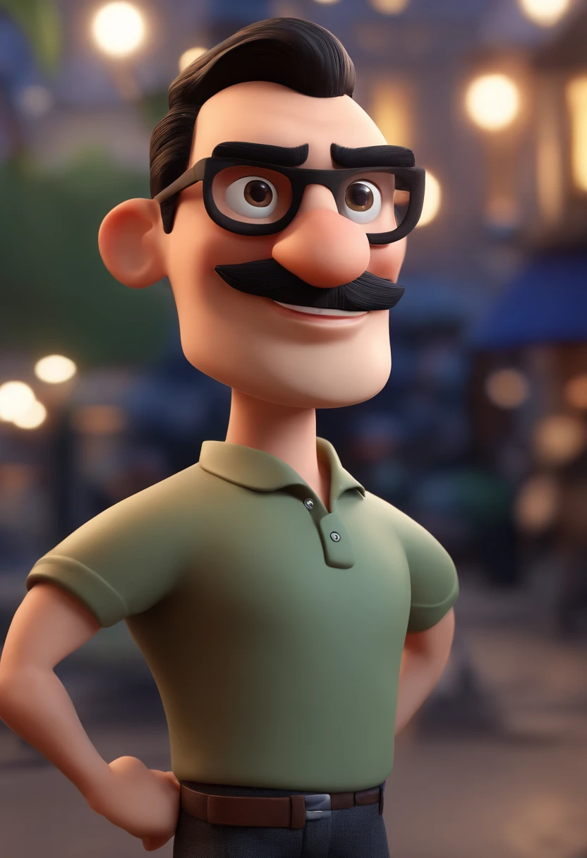 Cartoon character of a man with black glasses and a black polo shirt, cabelo liso, With beard and old school tattoo on his arm, animation character, Caractere estilizado, animation style rendering, 3D estilizado, Arnold Maya render, 3 d render stylized, toon render keyshot, Personagem 3D, Personagem 3D, 3d rendering stylized, 3 d character render, personagem de desenho animado, Personagem de close up, Pose de personagem,  (Estilo Pixar) (master part:1.2) (Bokeh) (best quality) (pele detalhada) (textura detalhada) (8k) (argila) (Cinematic lighting) (foco nítido