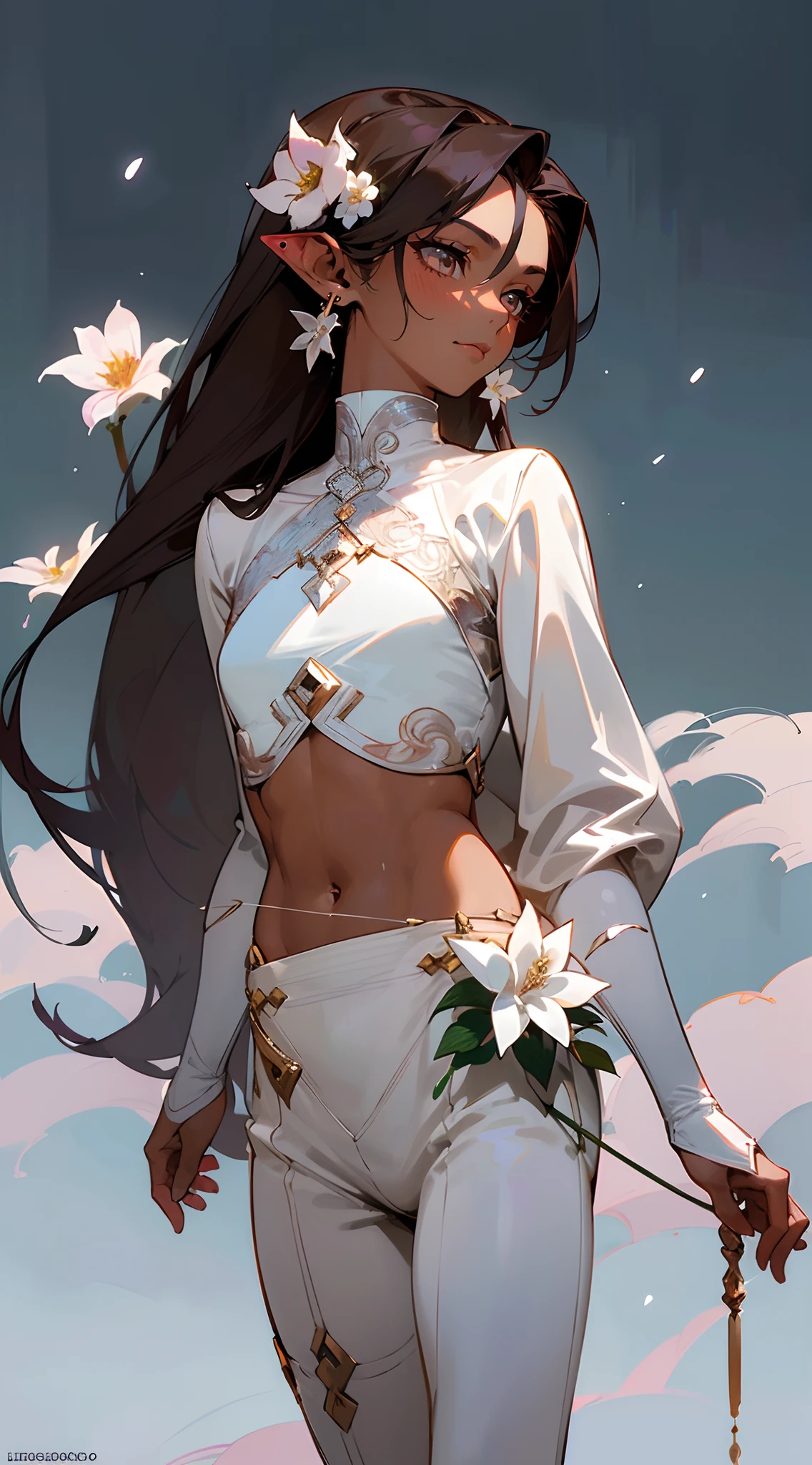 ((Beautiful man:1)) , ((Dark skin:1.5)) , ((long hair)) , ((brown hair)) , ((male:1.4)) , full lips , light silver eyes , voluminous hair,((has pointed ears ears:1)), ((wearing small flower earring:1.3)), ((Skinny build)) ,effeminate , ((has a center part in hair:1)), full long eyelashes,((straight hair:1.3)) , ((crop top:1.2)), hair in a ponytail, Bishounen, possess delicate and androgynous features, age 33
(masterpiece, best quality:1.3),beautiful detailed glow,best illuminate,(((best quality,textile shading,ultra detailed))),extremely detailed CG unity 8k wallpaper,Highly Detailed beautiful and aesthetic,best light,high resolution,detailed,dynamic lighting , 1Character , pastel washed out colors , cell shade , soft, muted shades ,gentle colors ,
Outside scene, scene of a Seinen anime , movie quality, snowing , walking in a city , snow on the ground , winter clothes ,