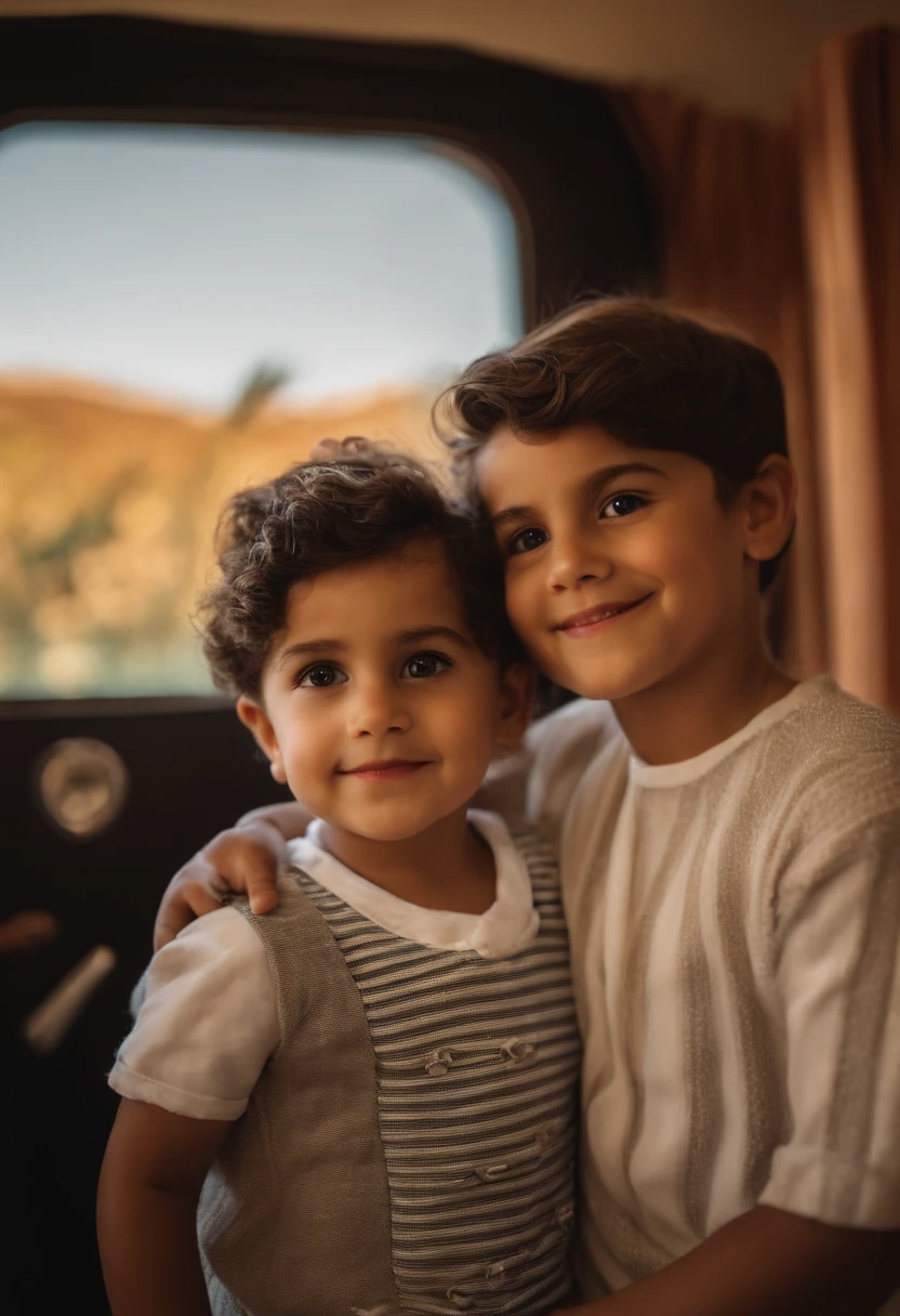 menino: Miguel, aproximadamente 5 anos de idade, cabelo curto estilo Disney, olhos castanhos e sorrisos. garota: Giovana, 2 anos, longos cabelos pretos e olhos azuis. scenecy: Miguel and Giovana are in a cozy little house in the valley, ao fundo um dia ensolarado, Destacando o Sol.