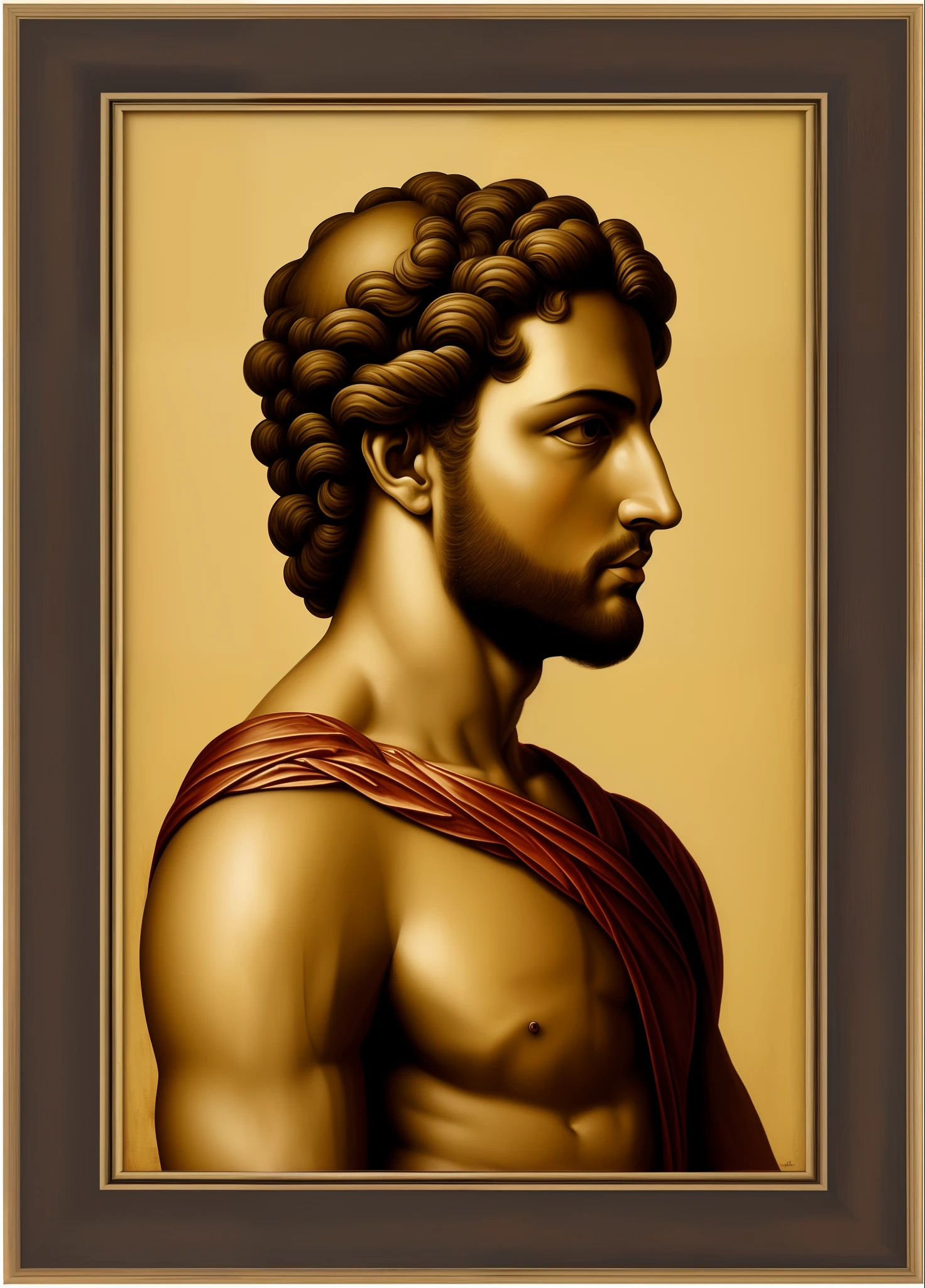 Illustration of the Greek god Apollo in profile in a framed painting
