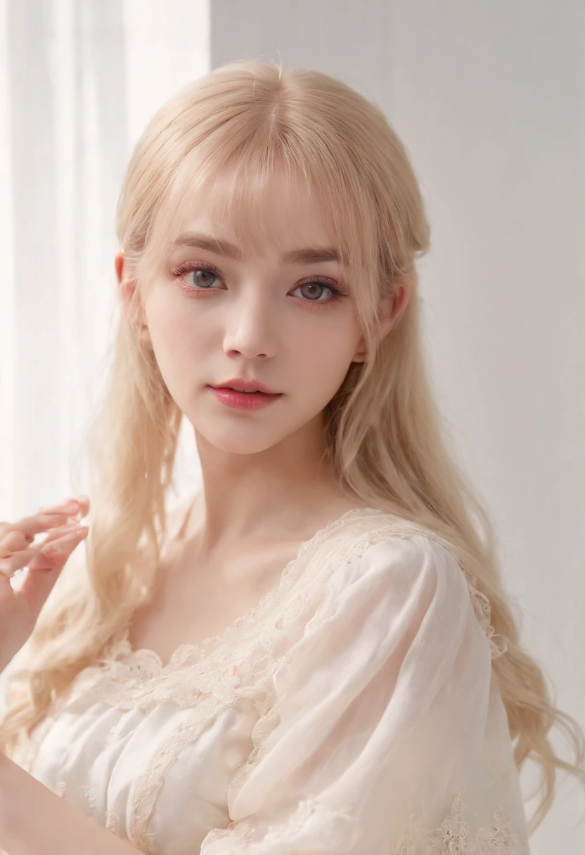 (8K, RAW shot, Highest Quality, masutepiece), High Definition RAW Color Pro Photos, (Realistic, Photorealism:1.37), (Highest Quality), (Highest shadow), (The best illustrations), (reality: 1.2), Distant view, (intricate-detail), 1 person, femele, 20 years old, Incredibly beautiful girl, Perfect Anatomy, Perfect proportions, Perfect face, Strong brightness on the face, Facial details, (Girl's eyes staring at one viewer: 1.55), (long hair loss, Blonde hair, Parted bangs: 1.45)、Classic Lolita costume in pastel colors、Extraordinary beauty、smil、Slimed、Pull the skirt up to the waist、White background、um Home Detetive、conceptual art, Realism, godrays, Film Lighting, canon, high detailing, High quality, High Definition , 16K resolution, Center, Full body portrait,full body Esbian,