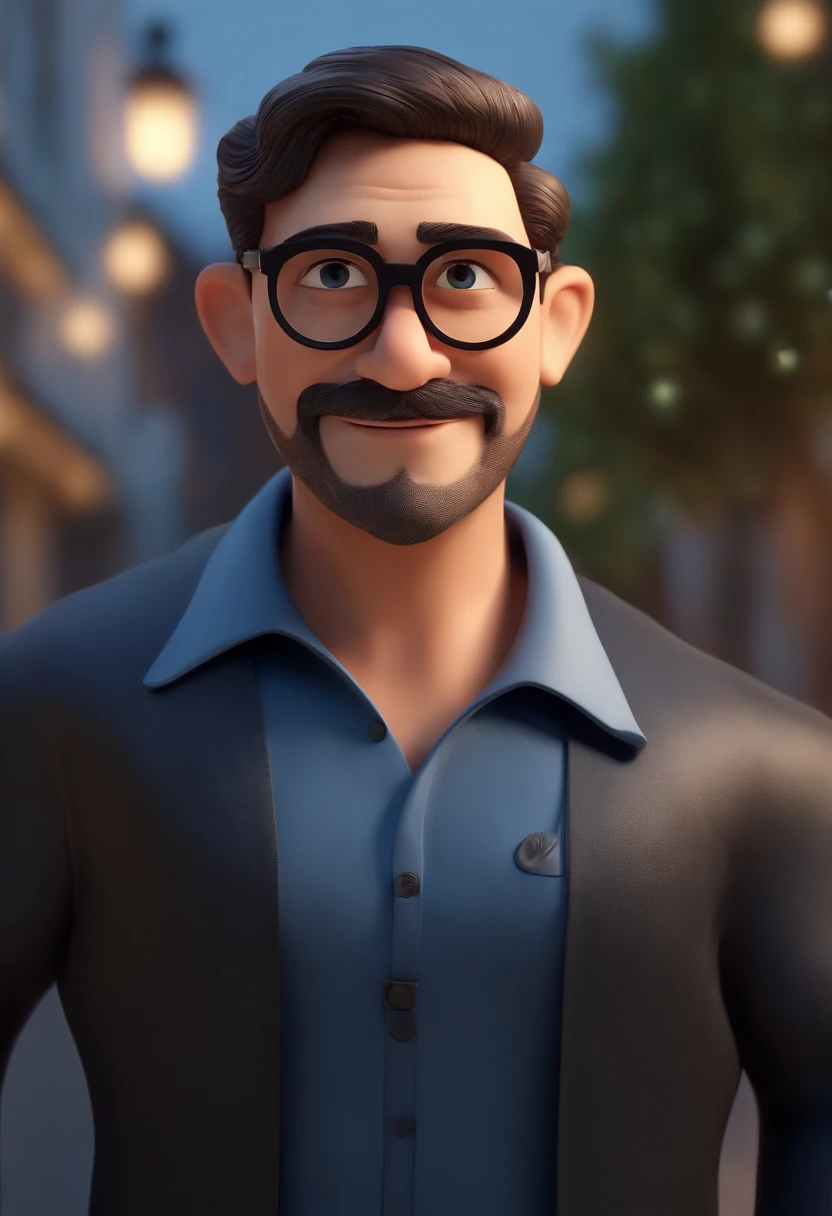 Cartoon character of a man wearing black glasses and a blue shirt, um personagem animado, Caractere estilizado, animation style rendering, 3D estilizado, Arnold Maya render, 3 d render stylized, toon render keyshot, Personagem 3D, Personagem 3D, 3d rendering stylized, 3 d character render, personagem de desenho animado, Personagem de close up, Pose de personagem, (Estilo Pixar) (master part:1.2) (Bokeh) (best quality) (pele detalhada) (textura detalhada) (8k) (argila) (Cinematic lighting) (foco nítido,Senta e vaza a parte superior do corpo