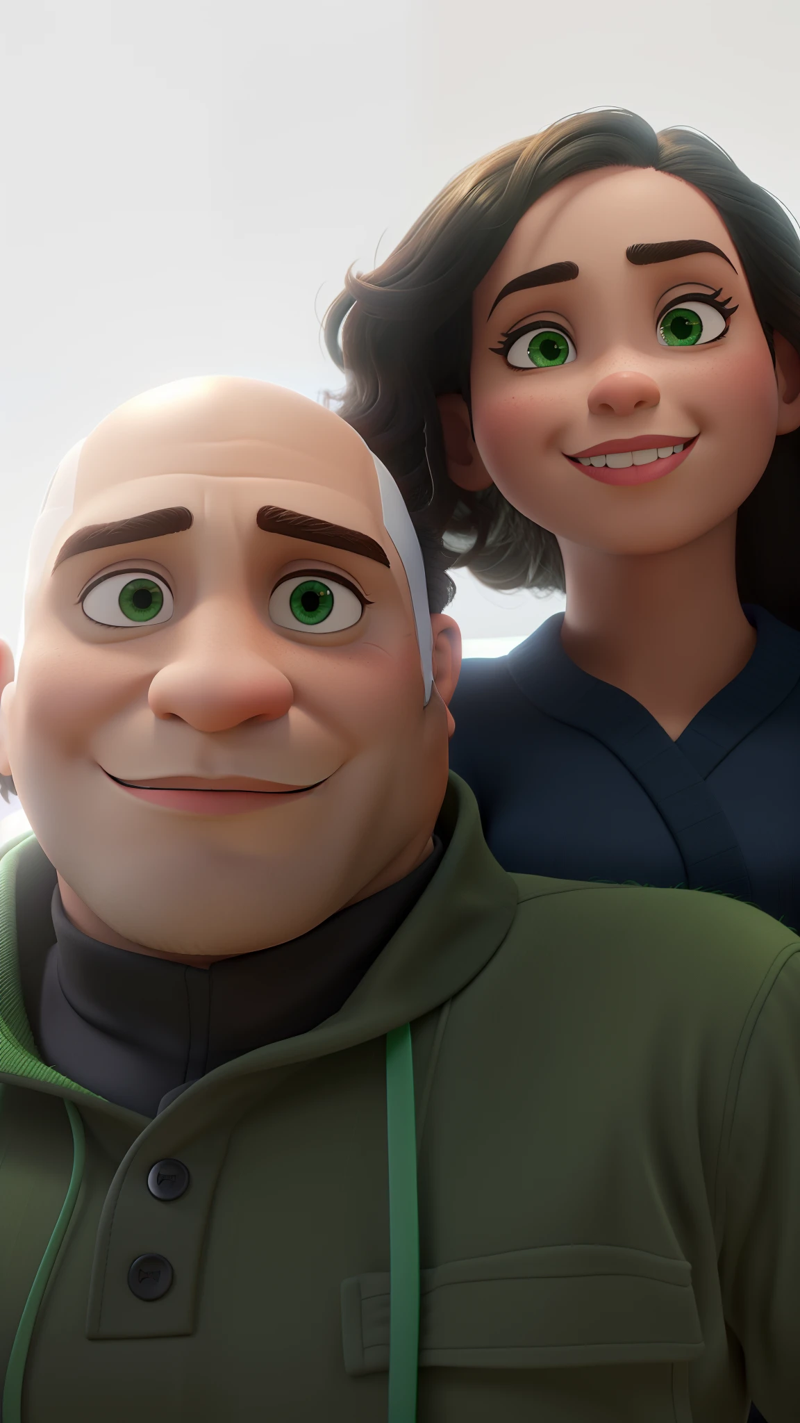 romantic couple, homem careca com olhos verdes, mulher morena, olhos castanhos, cabelo preto com mexas brancas igual aos filmes Disney Pixar